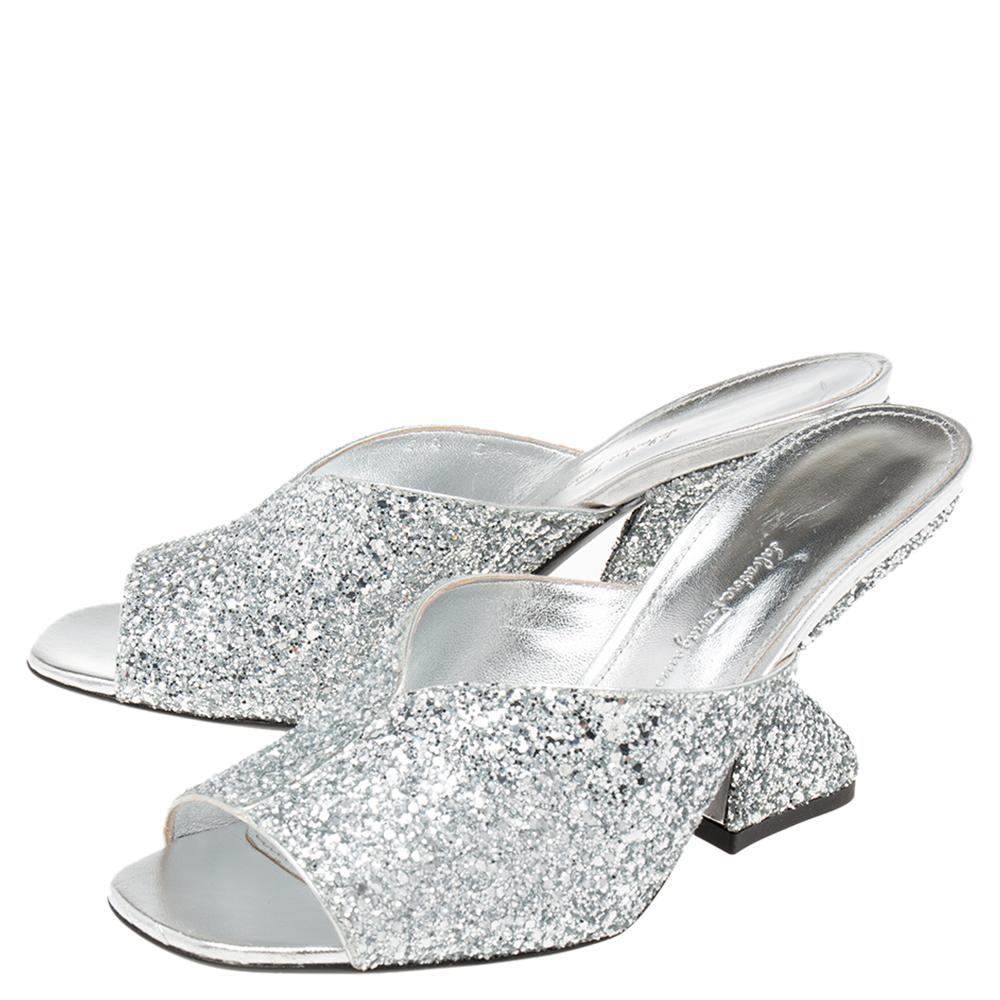 Salvatore Ferragamo Silver Glitter F-Heel Slide Sandals Size 39 1