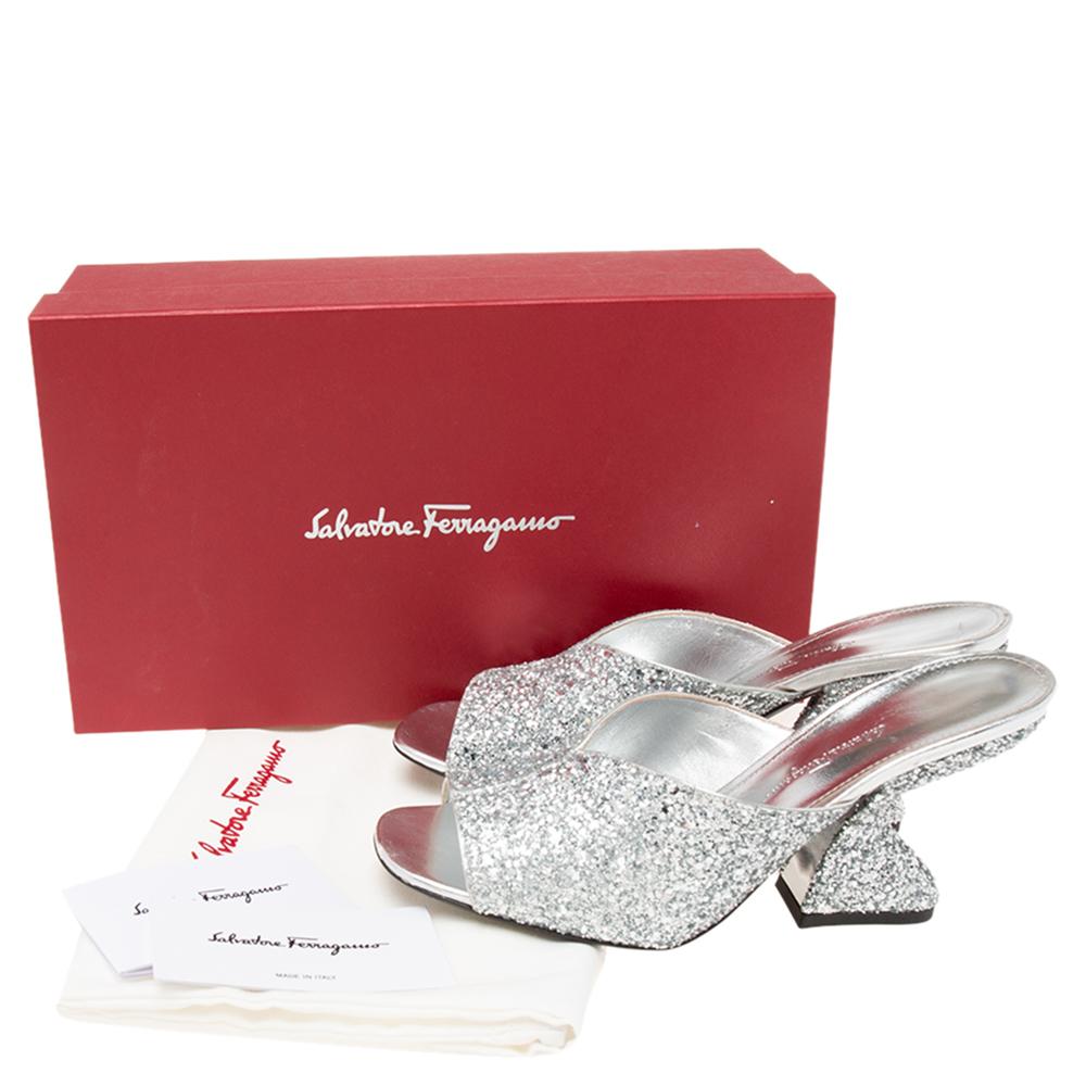 Salvatore Ferragamo Silver Glitter F-Heel Slide Sandals Size 39 2