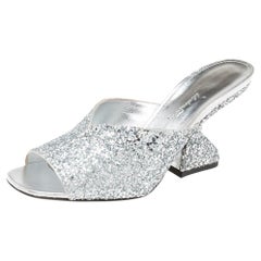 Salvatore Ferragamo Silver Glitter F-Heel Slide Sandals Size 39
