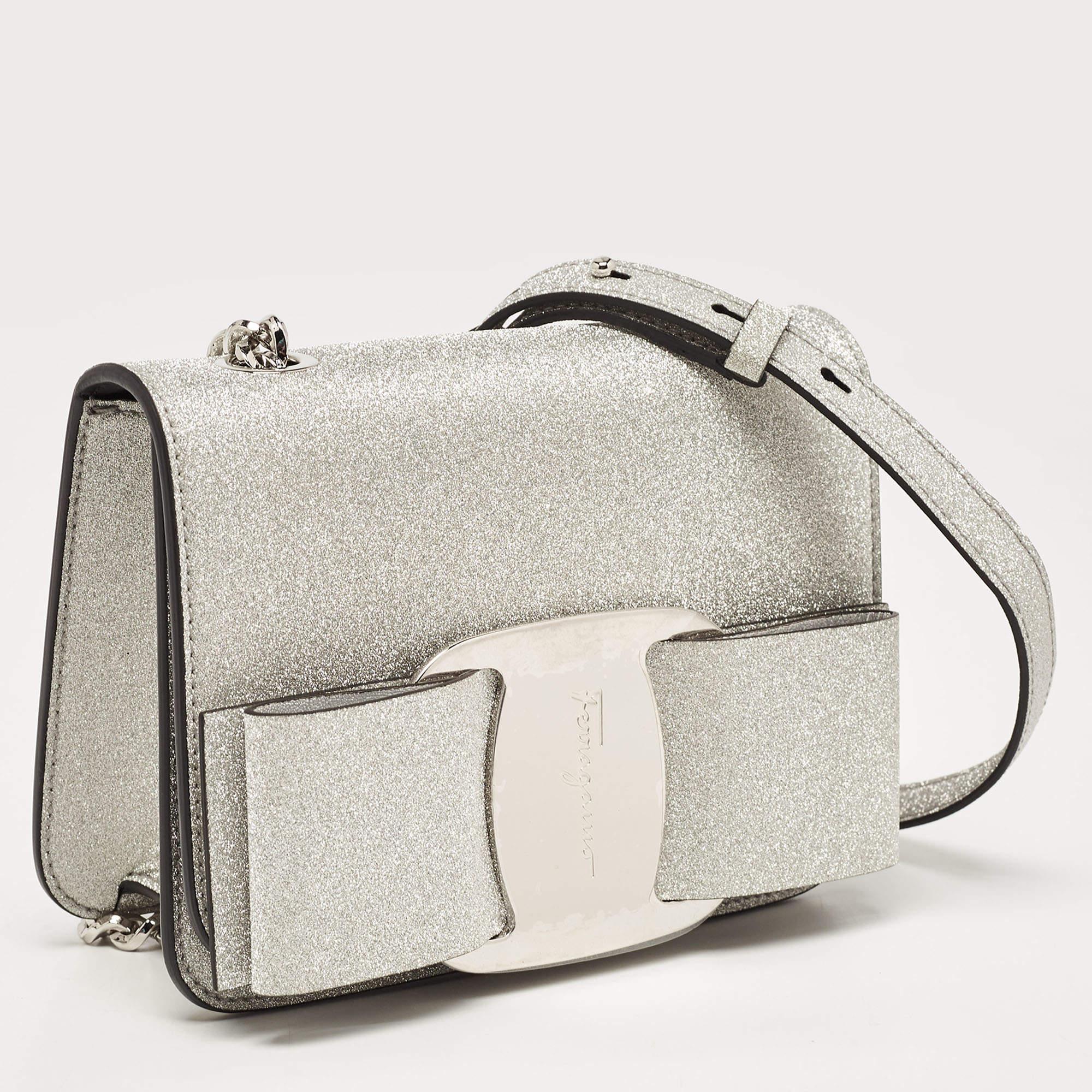 Salvatore Ferragamo Silver Glitter Mini Vara Bow Crossbody Bag In New Condition In Dubai, Al Qouz 2