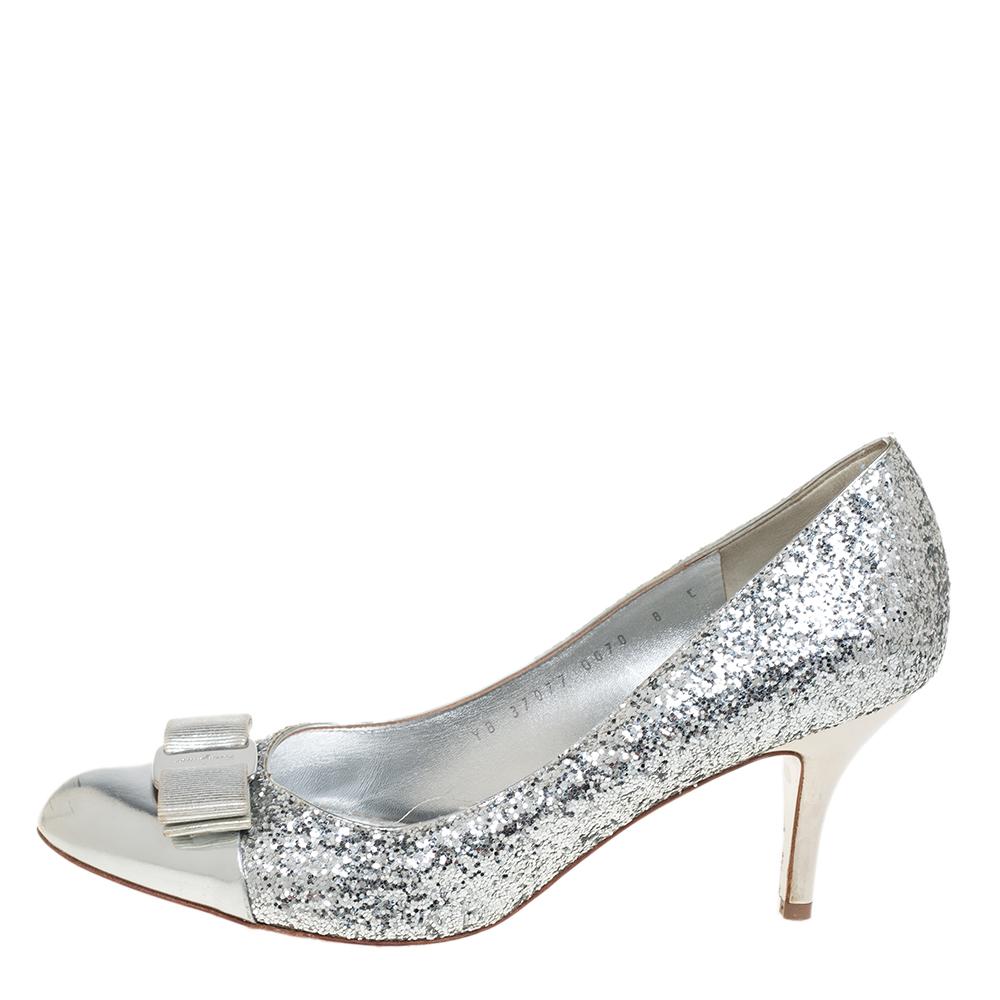 silver glitter bow heels