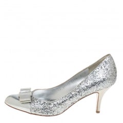 Salvatore Ferragamo Silver Glitter Vara Bow Pumps Size 38.5