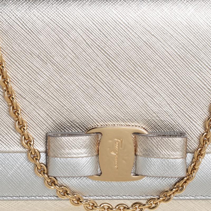 Salvatore Ferragamo Silver/Gold Leather Vara Bow Chain Shoulder Bag 2