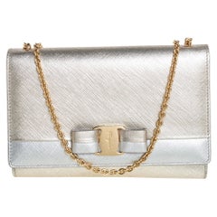 Salvatore Ferragamo Silver/Gold Leather Vara Bow Chain Shoulder Bag