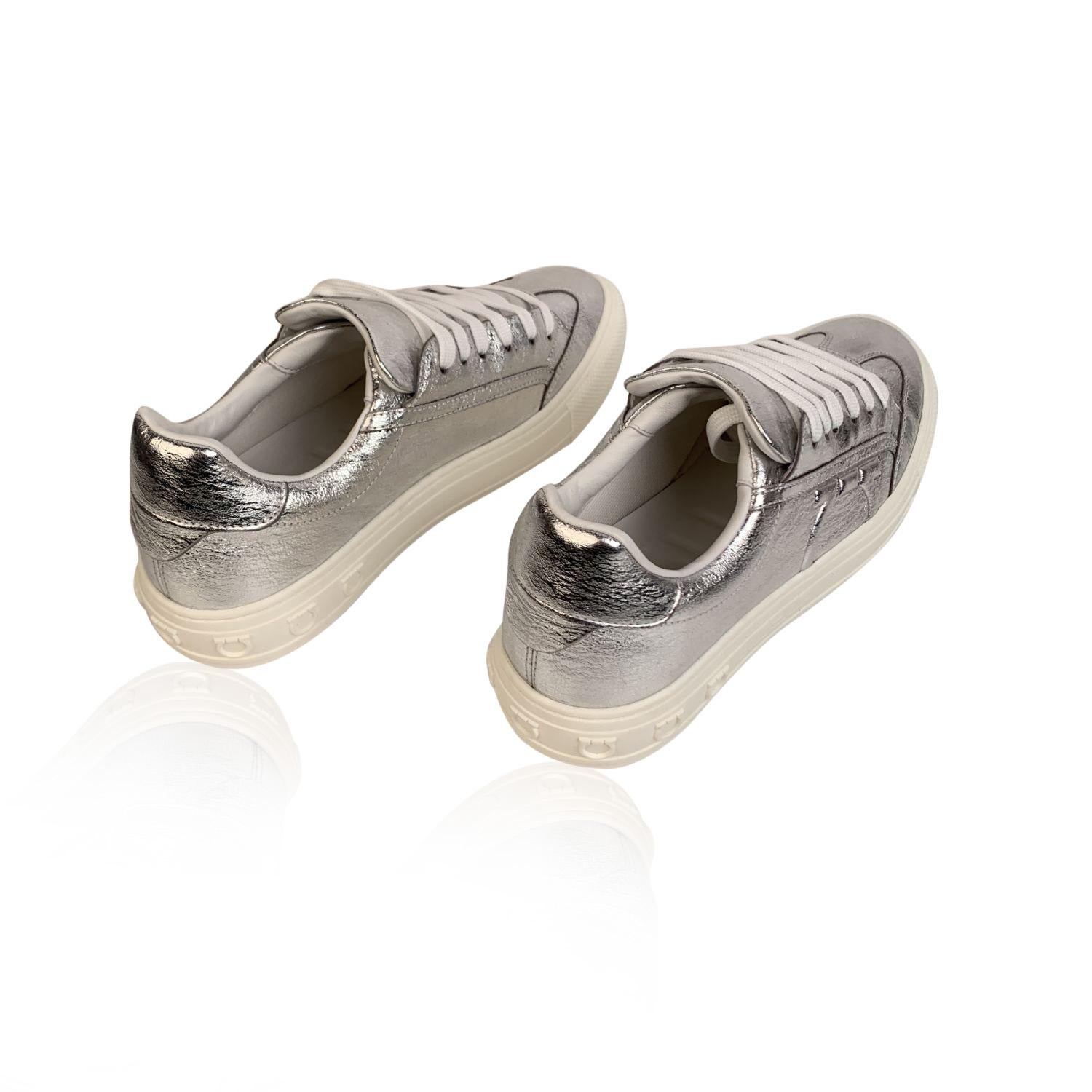 Salvatore Ferragamo Silver Leather Borg Sneakers Size US 7C EU 37.5 In New Condition In Rome, Rome