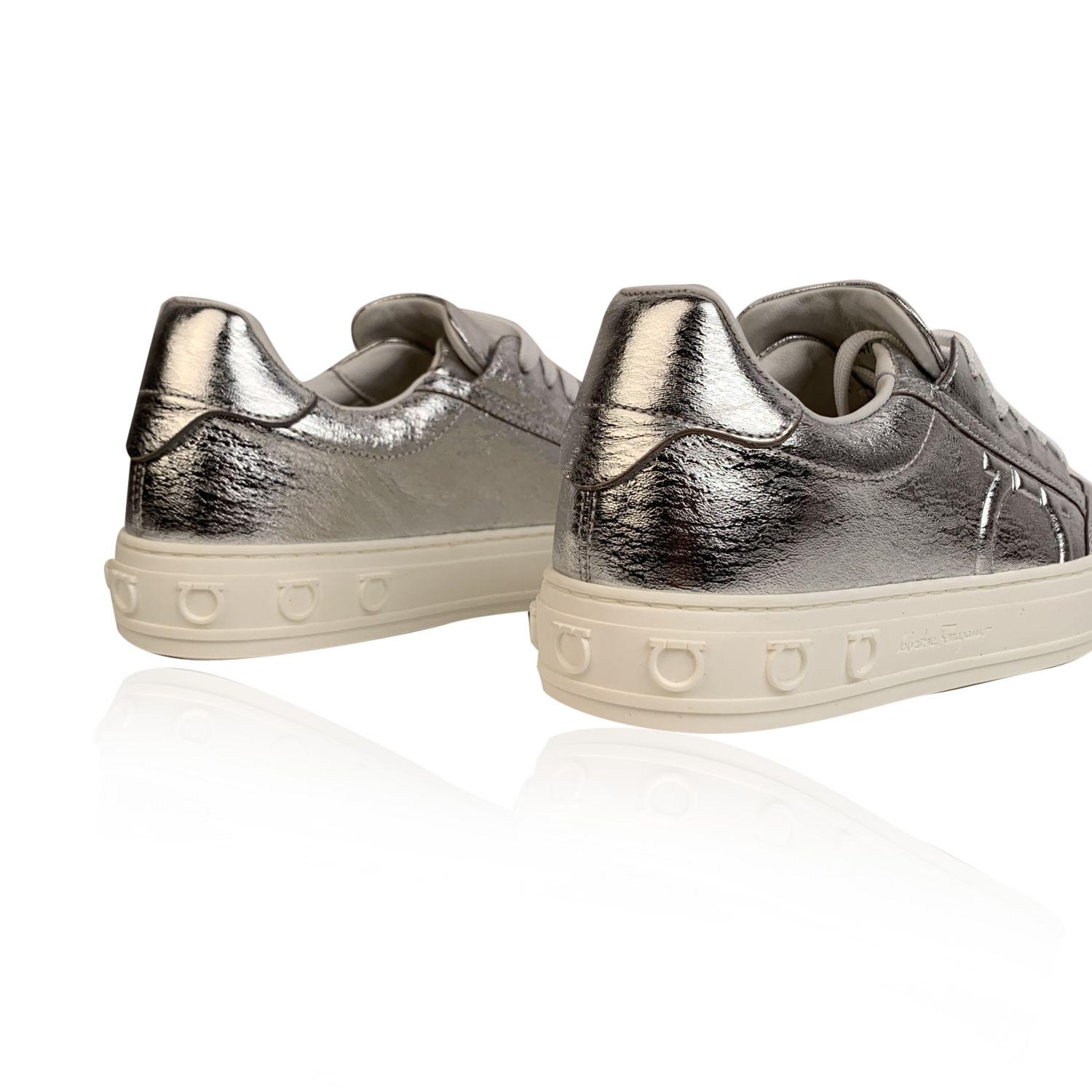 Women's Salvatore Ferragamo Silver Leather Borg Sneakers Size US 7C EU 37.5