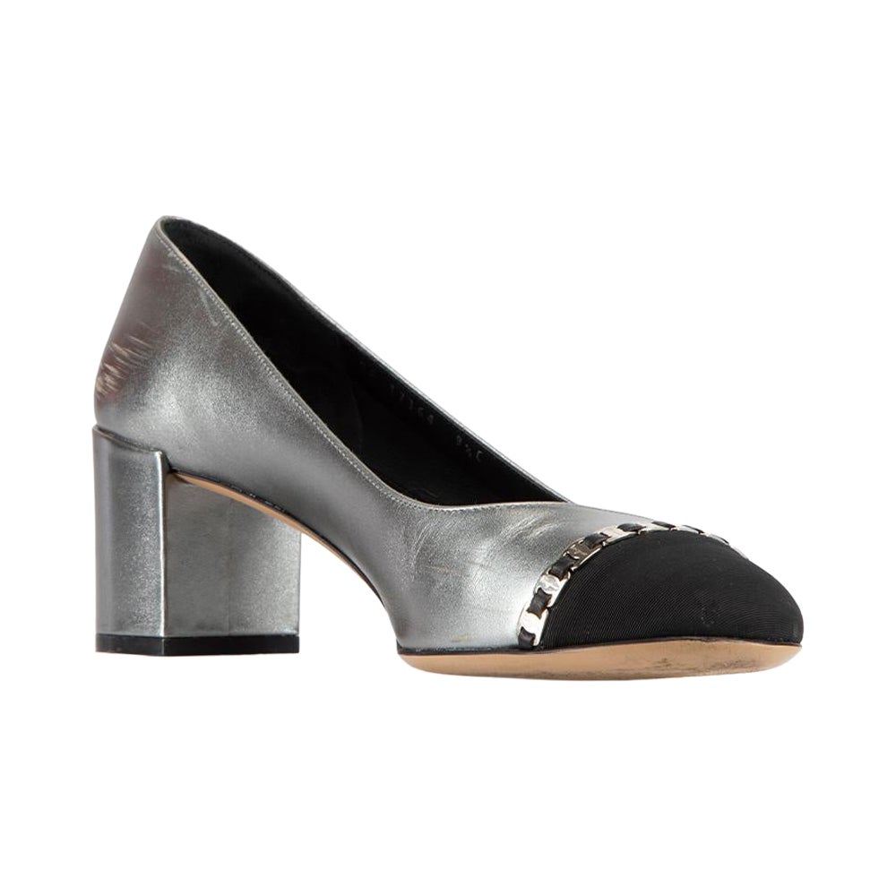 Salvatore Ferragamo Silver Leather Chain Accent Pumps Size US 9.5