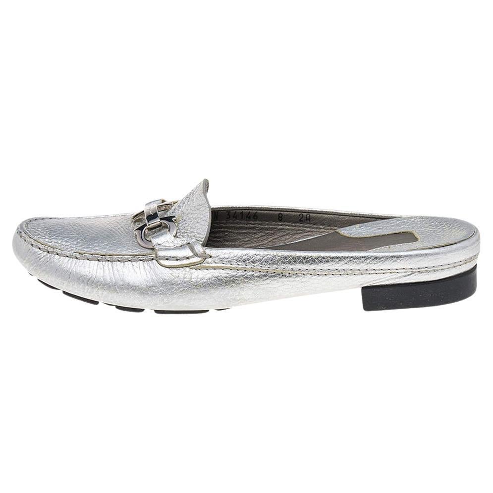 Salvatore Ferragamo Silver Leather Gancini Slip On Mules Size 38.5 For Sale