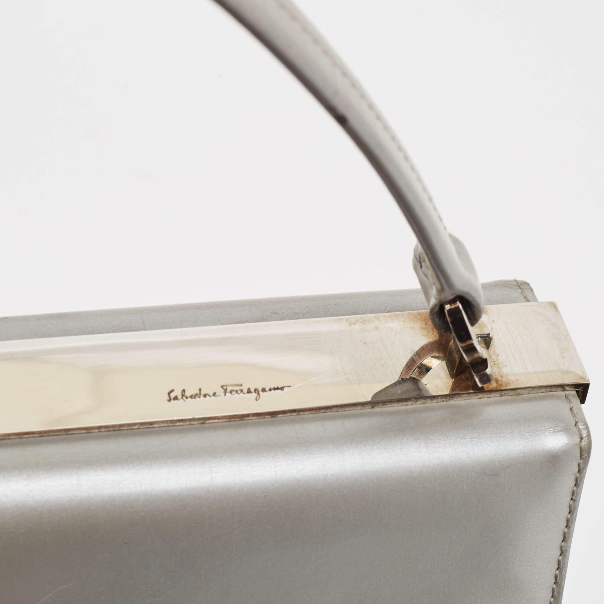 Salvatore Ferragamo Silver Leather Metal Frame Top Handle Bag For Sale 7