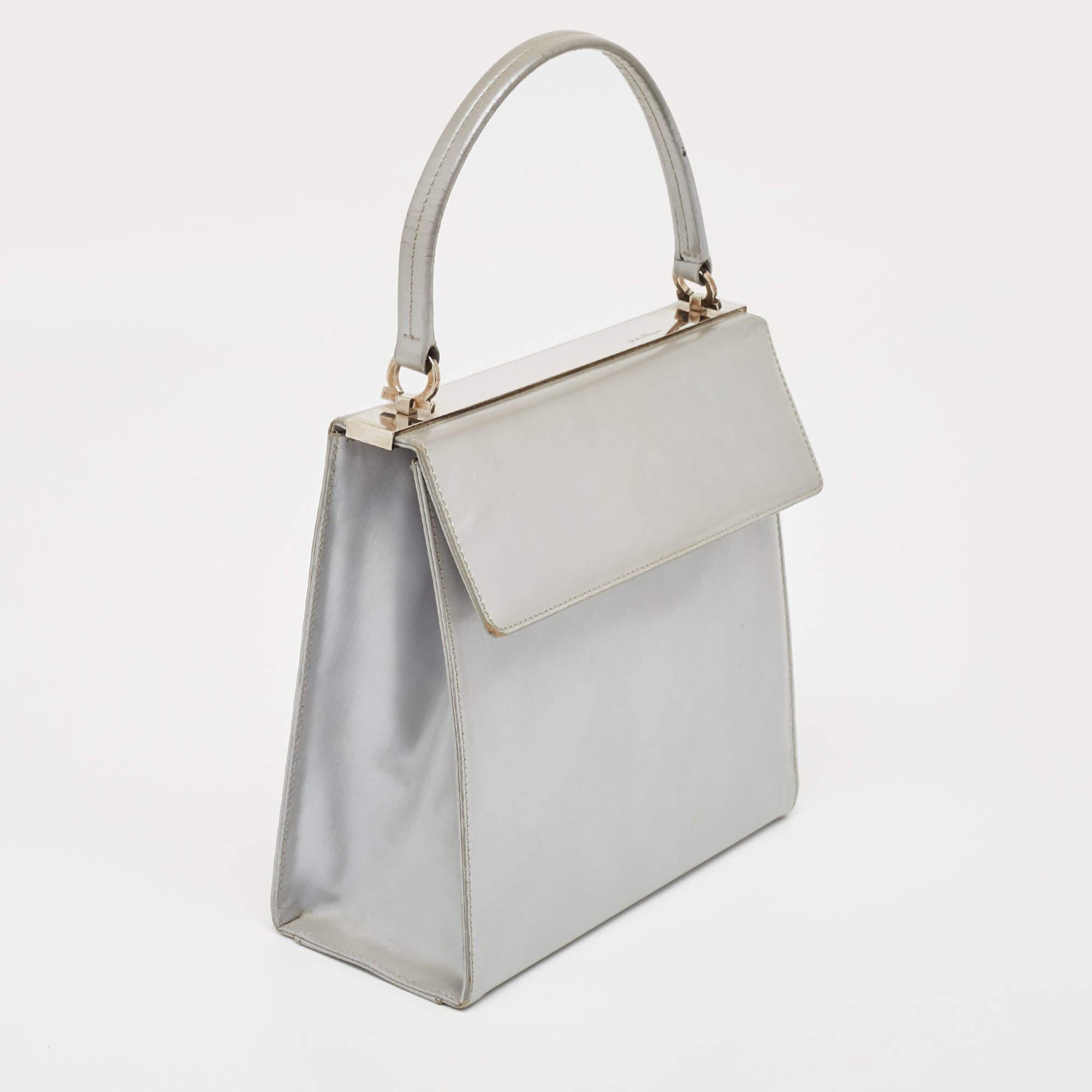Women's Salvatore Ferragamo Silver Leather Metal Frame Top Handle Bag For Sale