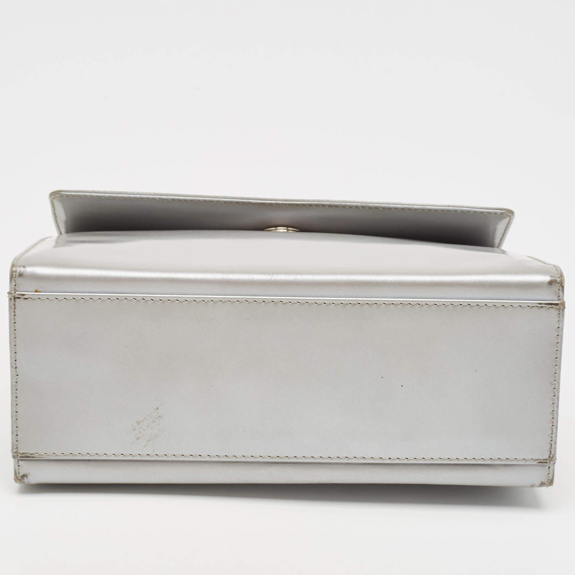 Salvatore Ferragamo Silver Leather Metal Frame Top Handle Bag For Sale 1