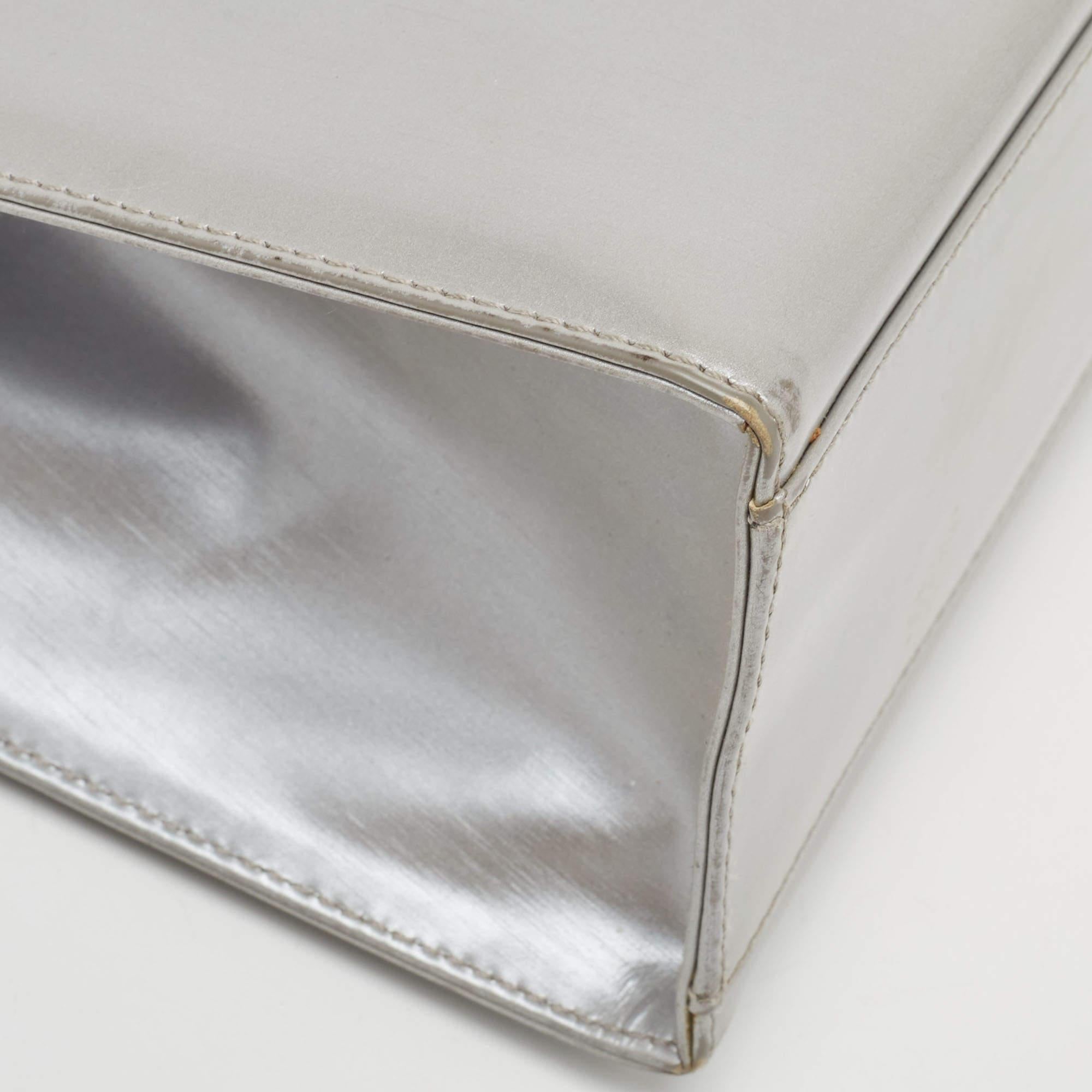 Salvatore Ferragamo Silver Leather Metal Frame Top Handle Bag For Sale 4
