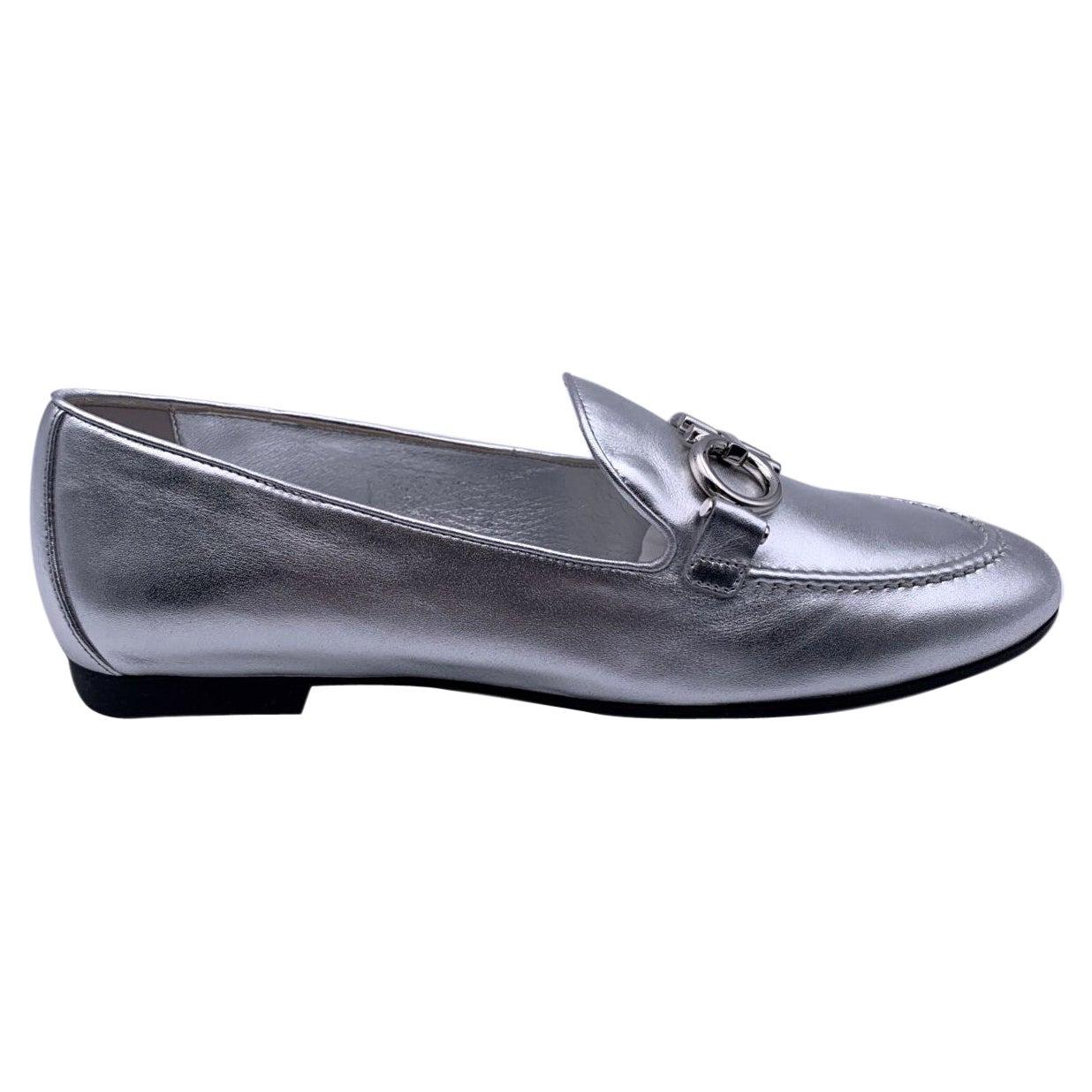 Salvatore Ferragamo Silver Leather Trifoglio Loafers Size 7C 37.5C