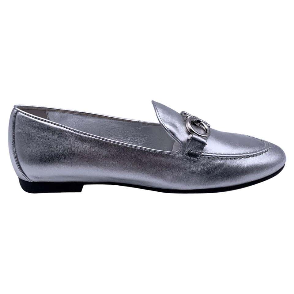 Salvatore Ferragamo Silver Leather Trifoglio Loafers Size 8.5C 39C For Sale at 1stDibs