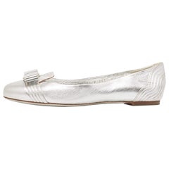 Salvatore Ferragamo Silver Leather Varina Bow Ballet Flats Size 39