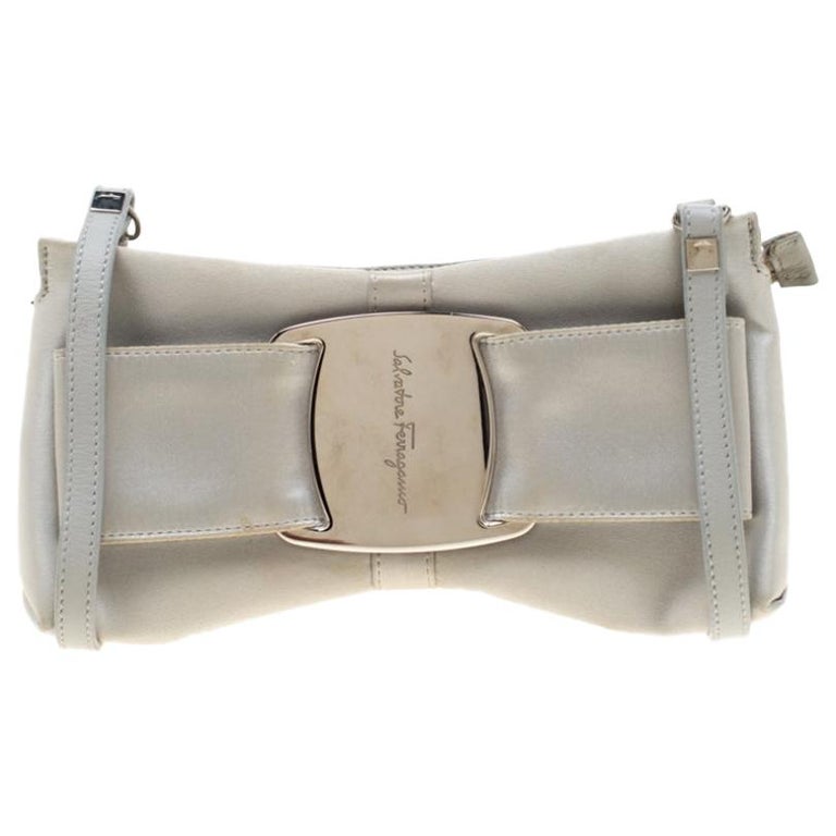 Salvatore Ferragamo Silver Satin and Leather Bow Crossbody Bag For Sale at 1stdibs