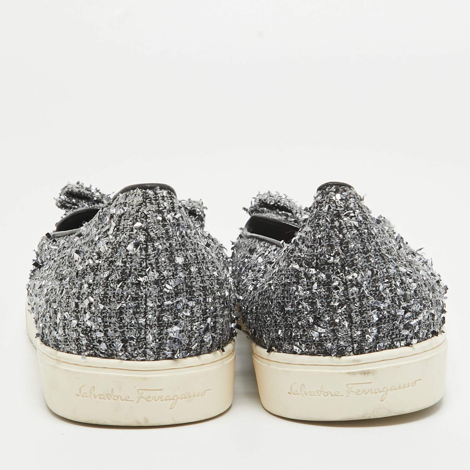 Salvatore Ferragamo Silver Tweed Bow Slip On Sneakers Size 41.5 For Sale 1