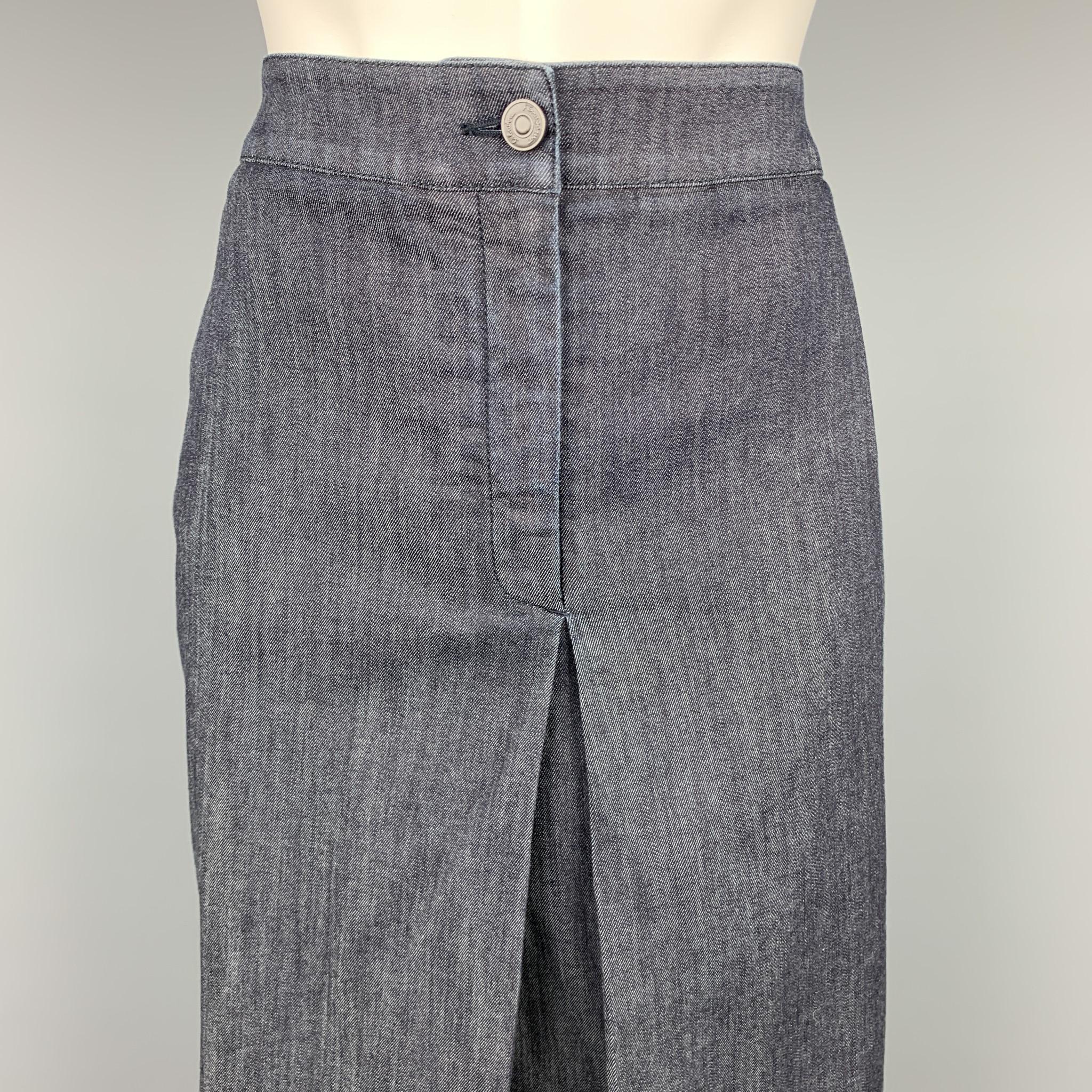 SALVATORE FERRAGAMO skirt comes in a blue denim with no liner featuring a single pleat pencil style, pockets, and a zip fly closure. Made in Italy.

New With Tags.
Marked: 46

Measurements:

Waist: 32 in. 
Hip: 38 in. 
Length: 26 in. 
Hem: 1.5 in.