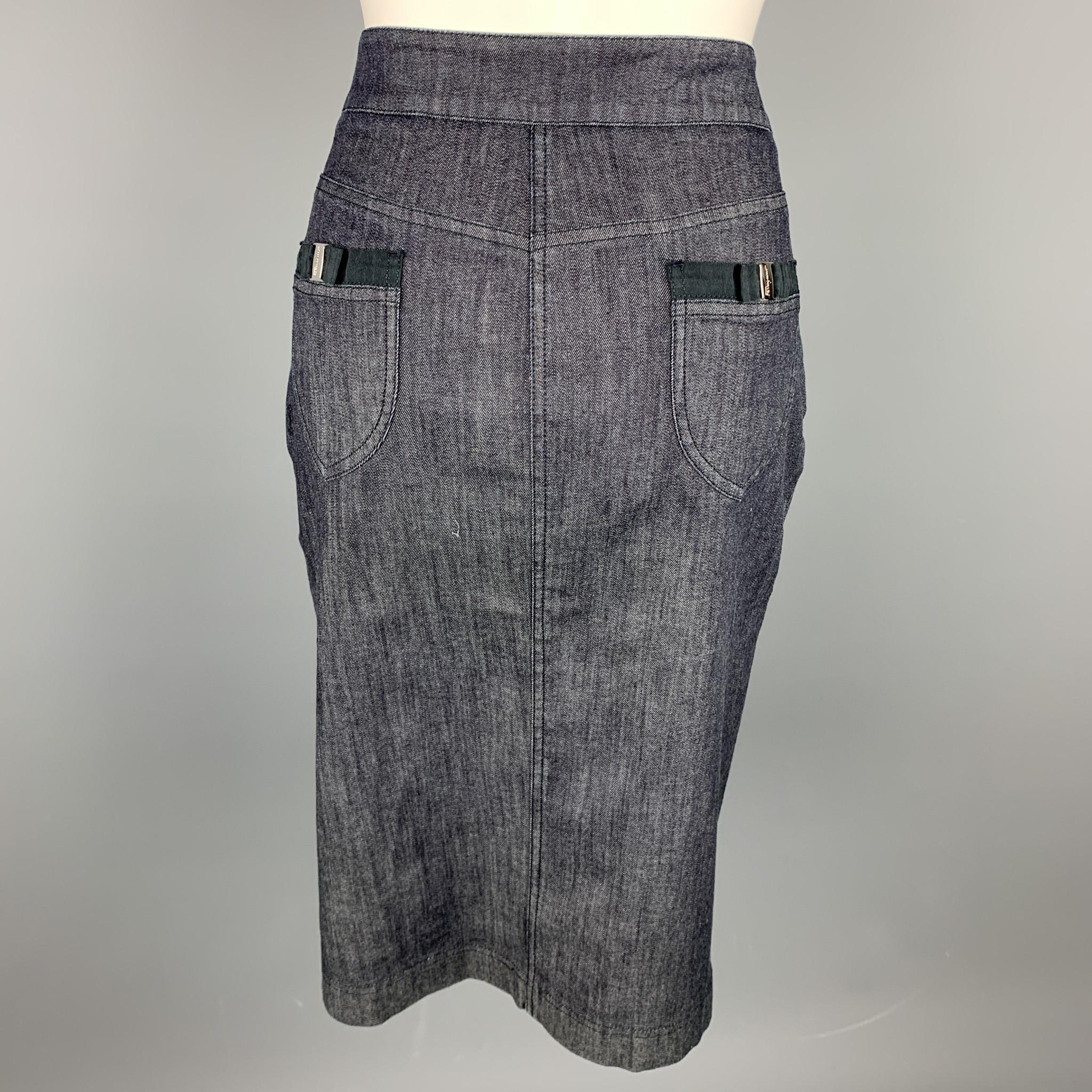 Gray SALVATORE FERRAGAMO Size 10 Blue Denim Single Pleat Zip Fly Skirt