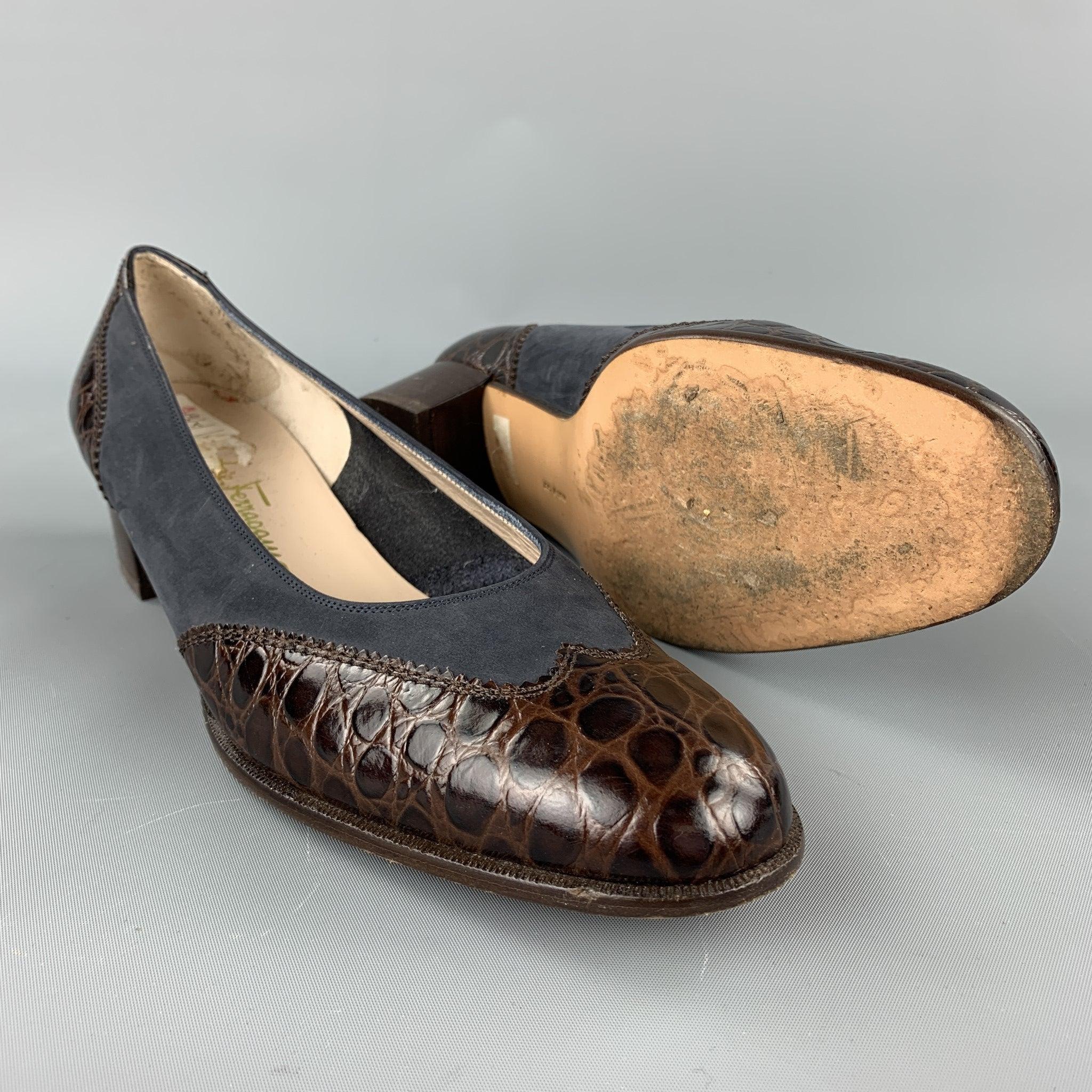 SALVATORE FERRAGAMO Size 10 Brown / Blue Suede Embossed Pumps In Good Condition For Sale In San Francisco, CA