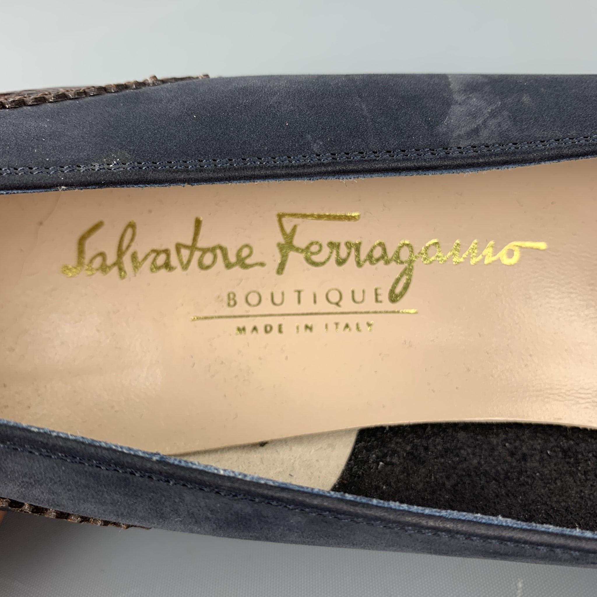 SALVATORE FERRAGAMO Size 10 Brown / Blue Suede Embossed Pumps In Good Condition In San Francisco, CA