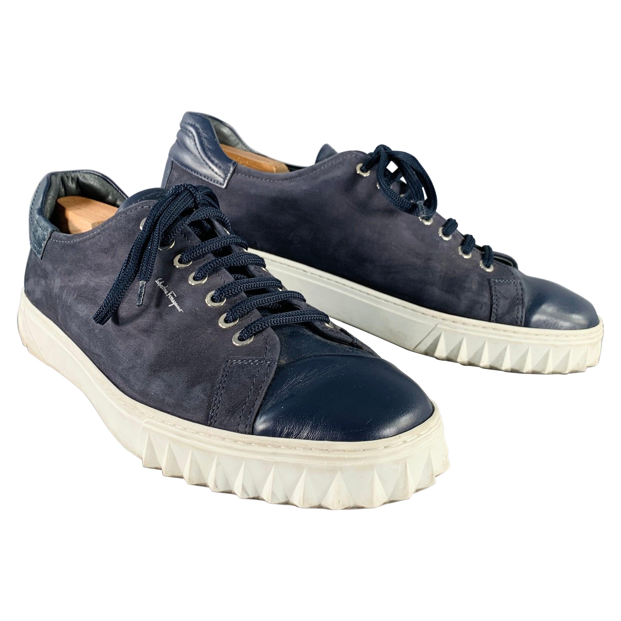 SALVATORE FERRAGAMO Size 10 Navy Suede Leather Lace-Up Sneakers