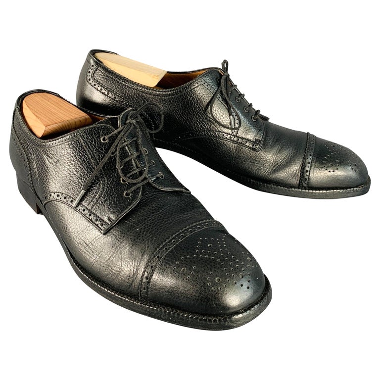 SALVATORE FERRAGAMO Size Black Perforated Pebble Grain Leather Derby  Lace-Up Shoes