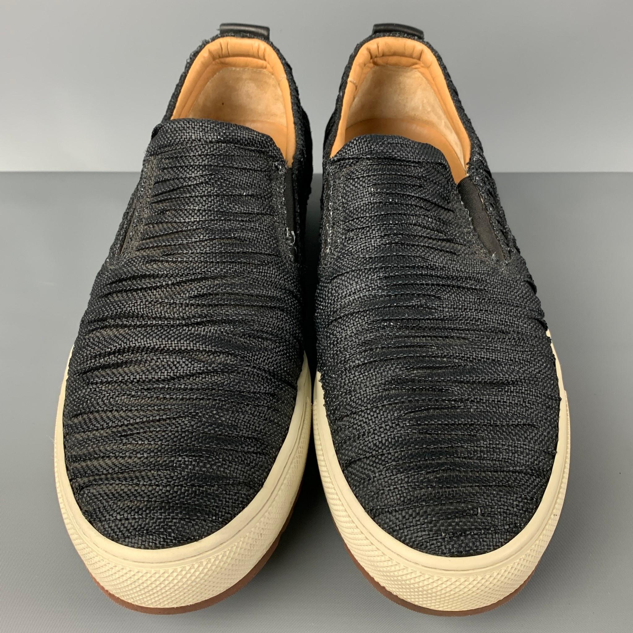SALVATORE FERRAGAMO Size 10.5 Black White Wrinkled Canvas Slip On Loafers In Excellent Condition In San Francisco, CA