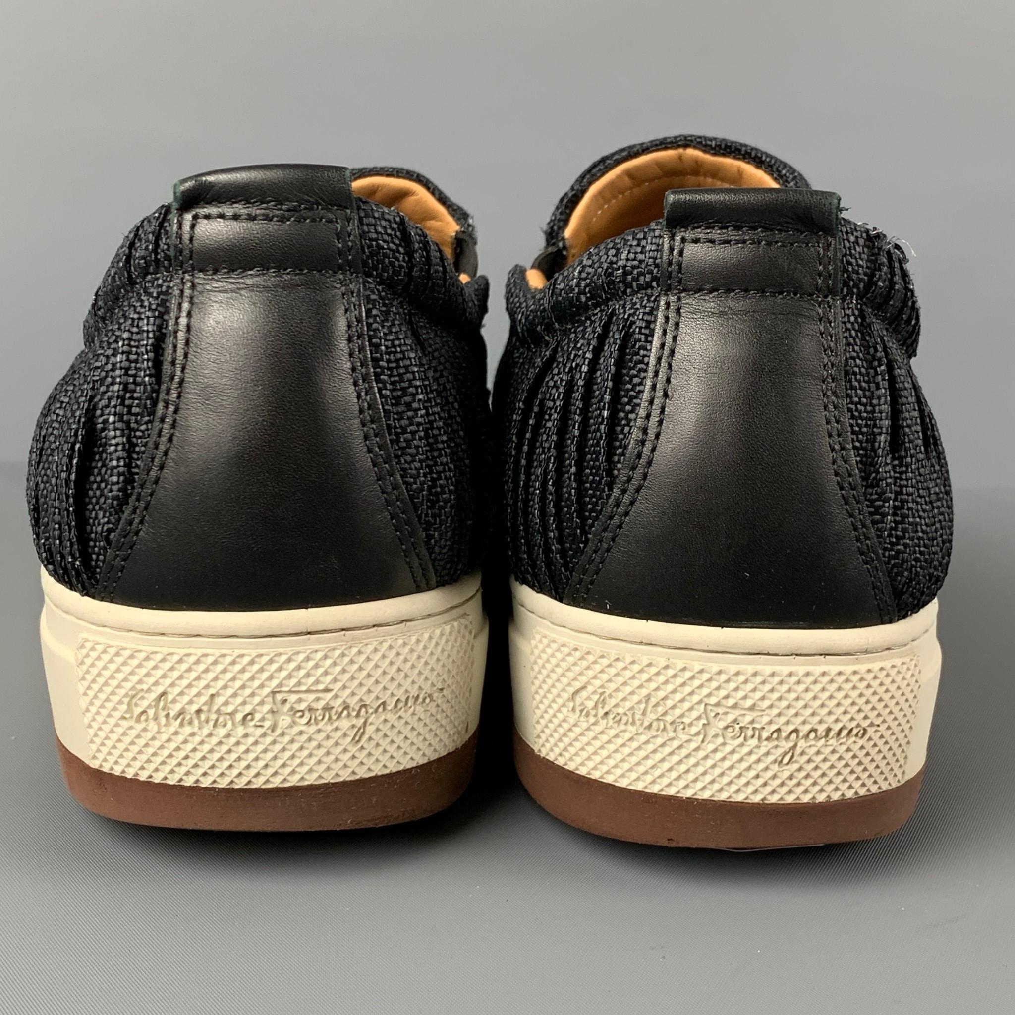 Men's SALVATORE FERRAGAMO Size 10.5 Black White Wrinkled Canvas Slip On Loafers