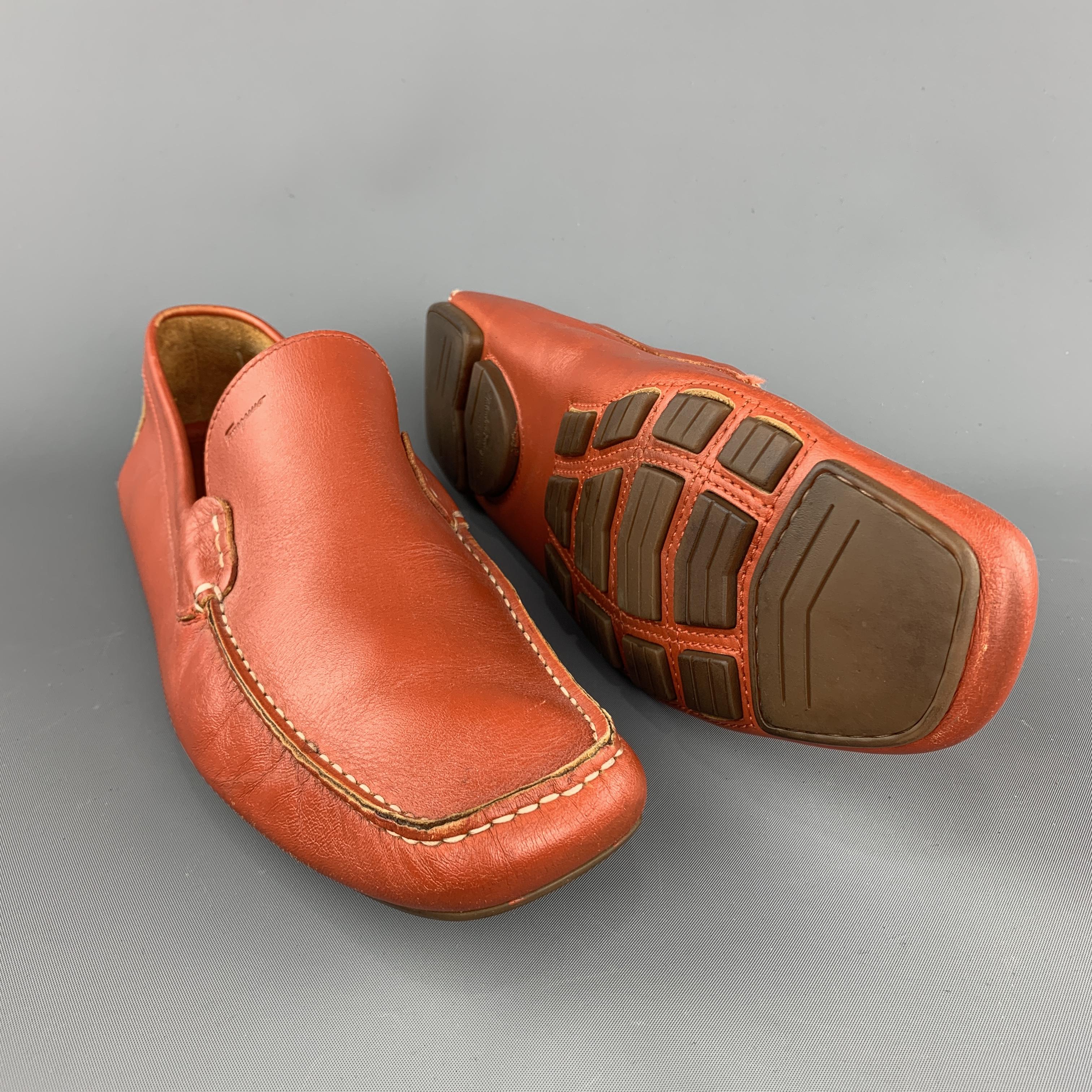 Orange SALVATORE FERRAGAMO Size 10.5 Brick Solid Leather Drivers Loafers