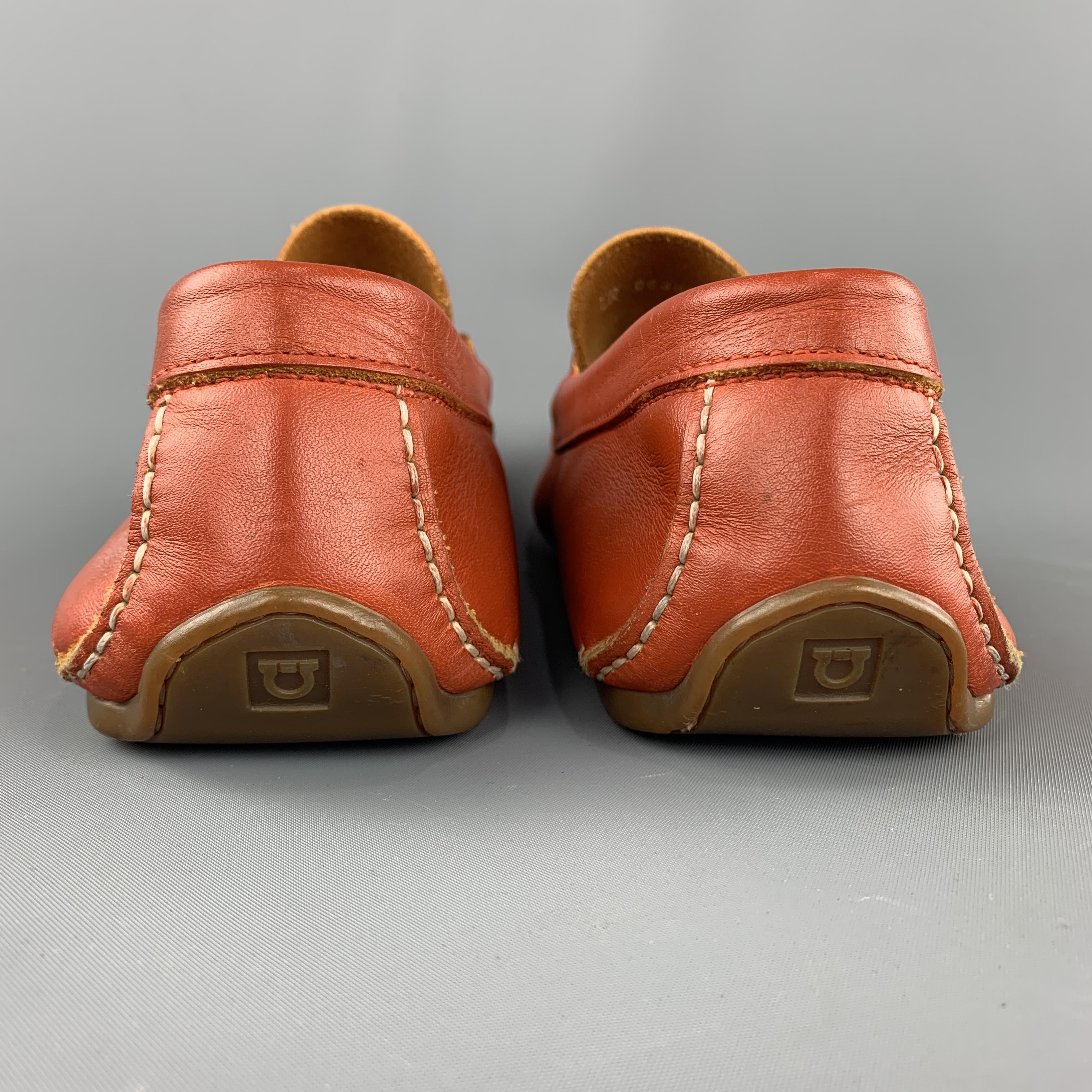 SALVATORE FERRAGAMO Size 10.5 Brick Solid Leather Drivers Loafers 1