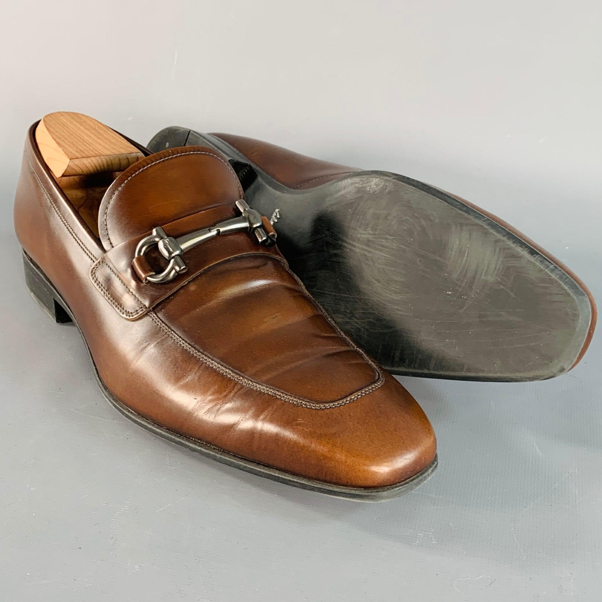 SALVATORE FERRAGAMO Größe 10.5 Riesige Braun Silber Leder Horsebit Loafers im Angebot 1