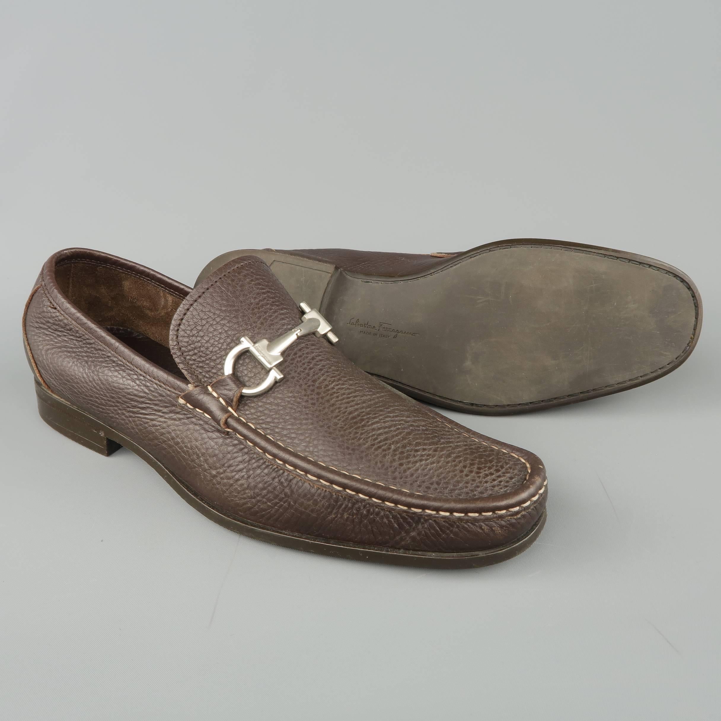 Black SALVATORE FERRAGAMO Size 11 Brown Leather Silver Horsebit Apron Toe Loafers