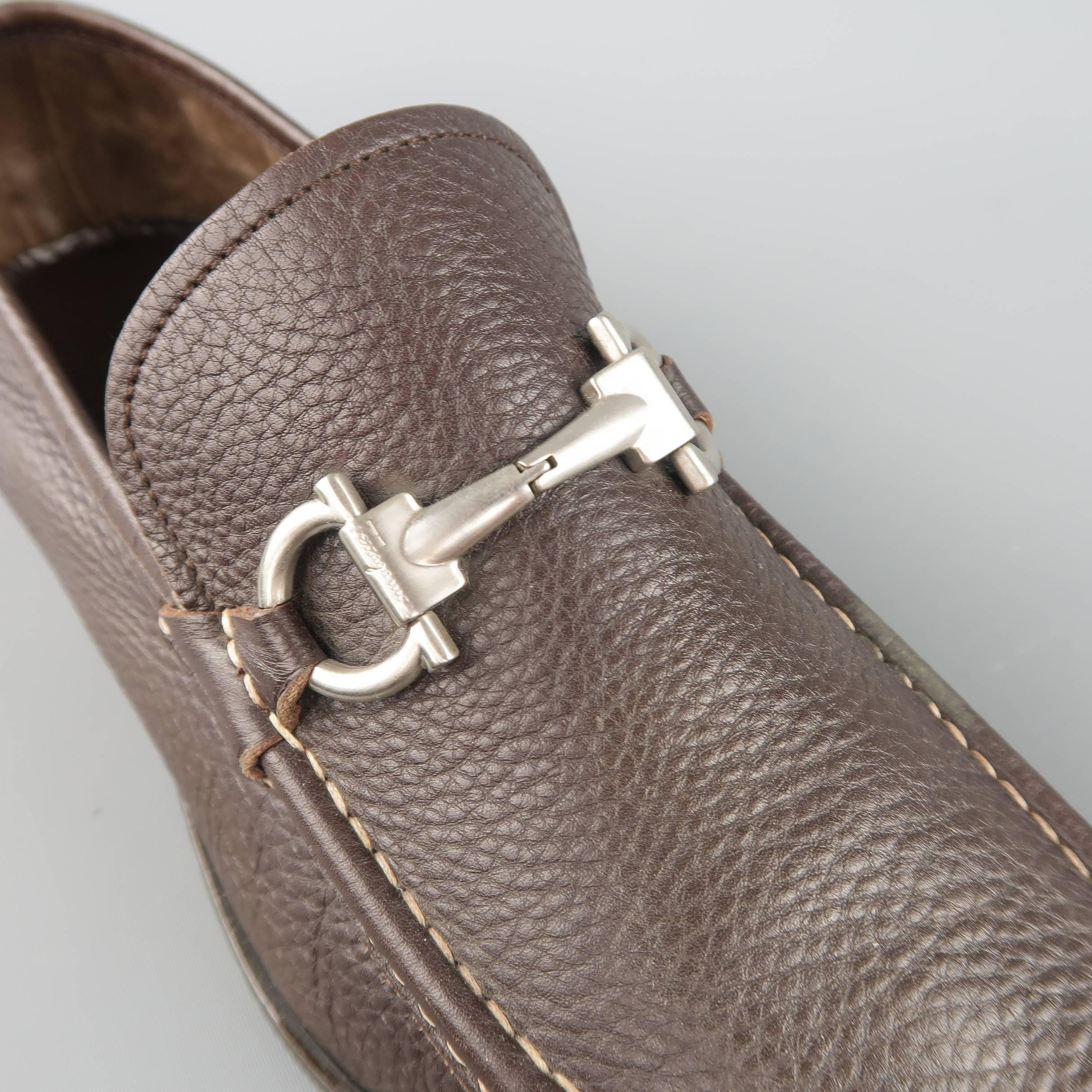 SALVATORE FERRAGAMO Size 11 Brown Leather Silver Horsebit Apron Toe Loafers In Excellent Condition In San Francisco, CA