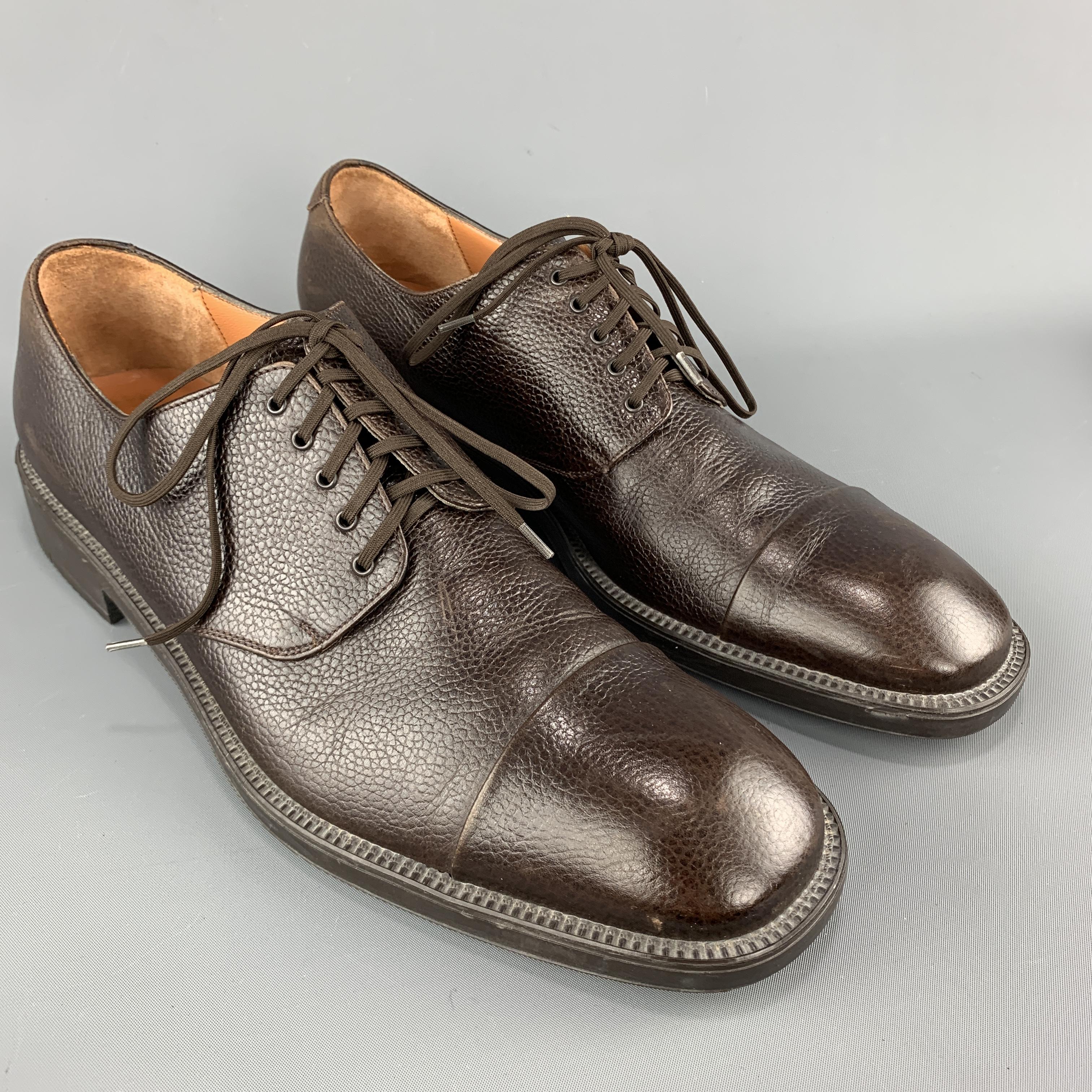 Black SALVATORE FERRAGAMO Size 11 Brown Textured Leather Cap Lace Up Dress Shoes