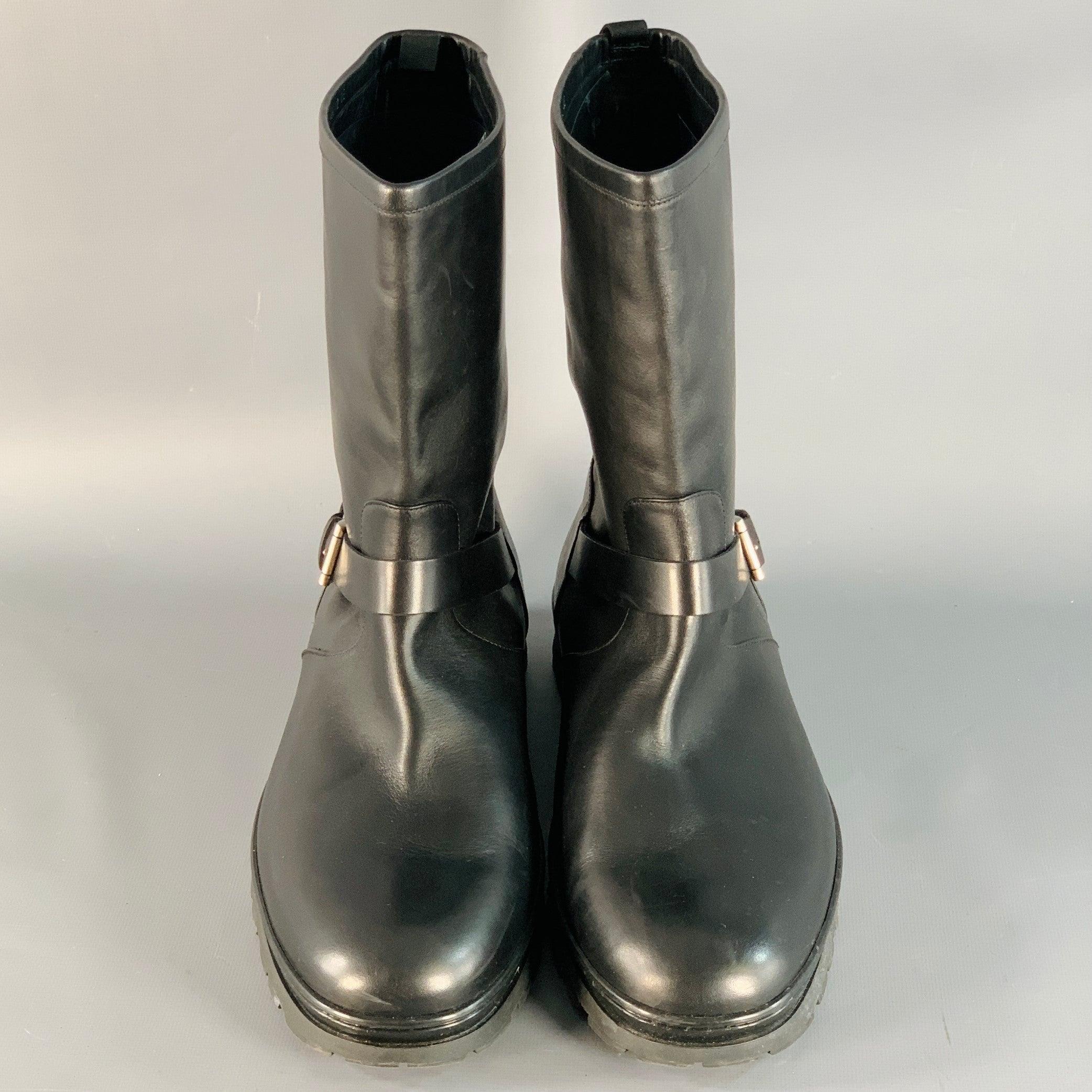 SALVATORE FERRAGAMO Taille 12 Bottes d'ingénieur en cuir noir à semelle en caoutchouc Bon état - En vente à San Francisco, CA