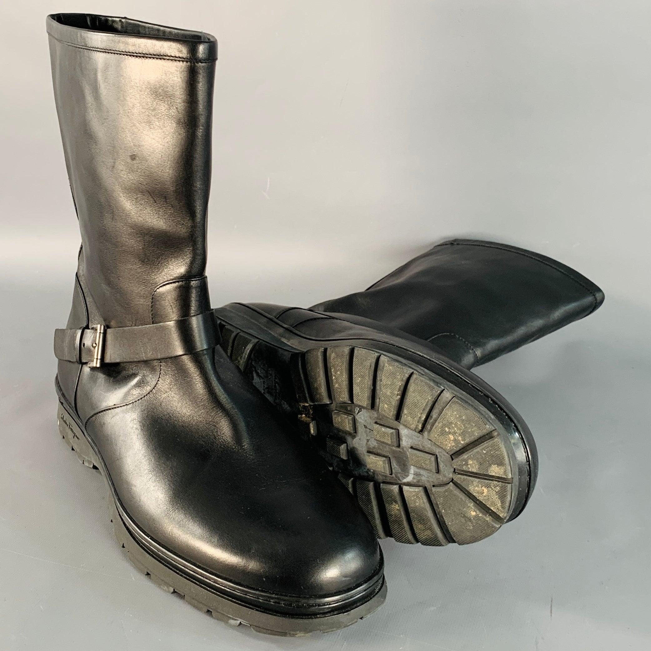 SALVATORE FERRAGAMO Taille 12 Bottes d'ingénieur en cuir noir à semelle en caoutchouc Pour hommes en vente