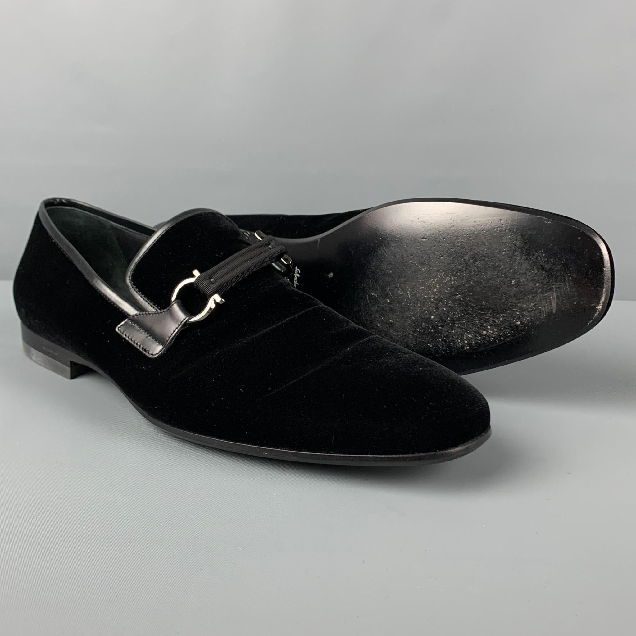 SALVATORE FERRAGAMO Size 12 Black Velvet Leather Trim Lapo Loafers In Good Condition In San Francisco, CA