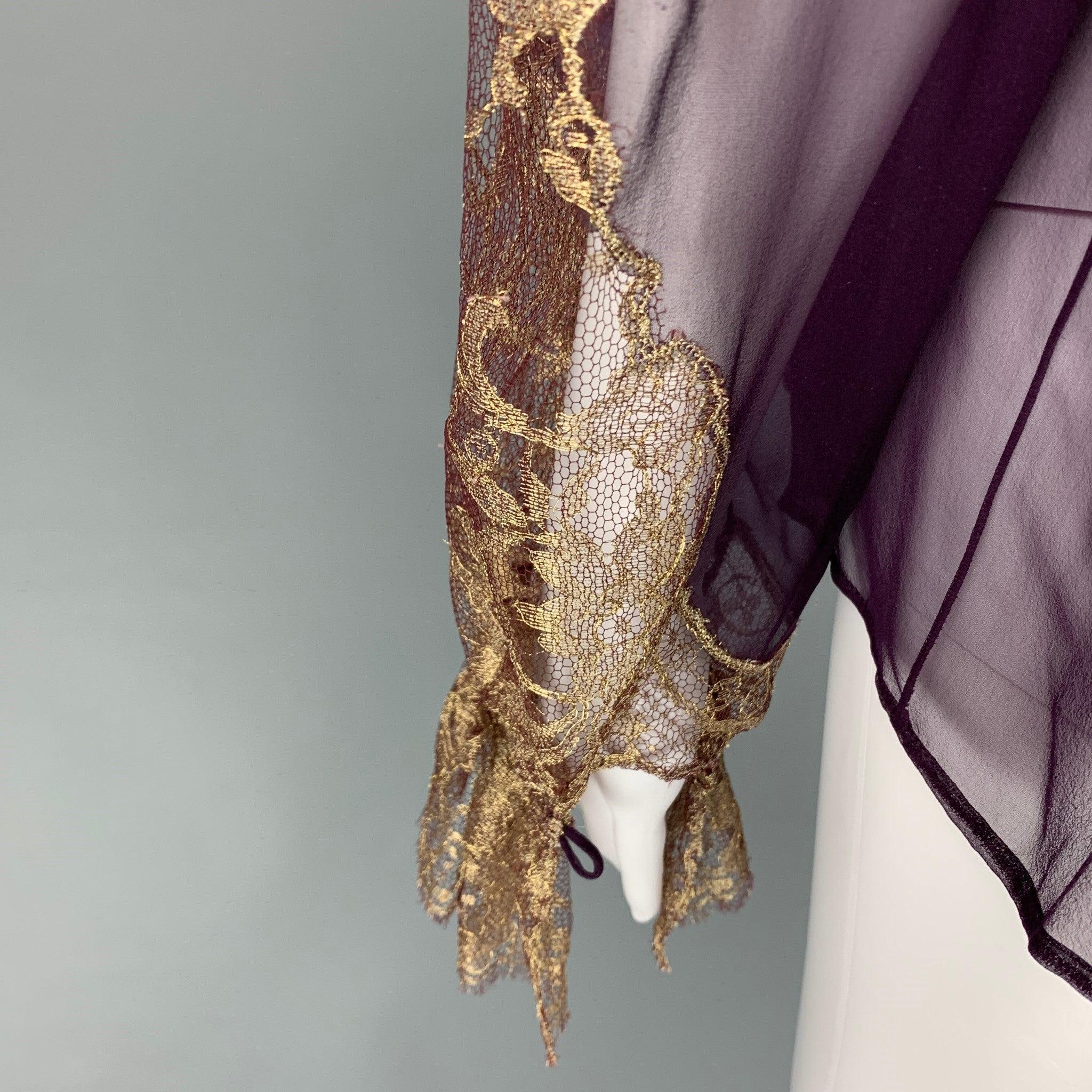Women's SALVATORE FERRAGAMO Size 2 Eggplant Gold Silk Lace Blouson Dress Top For Sale