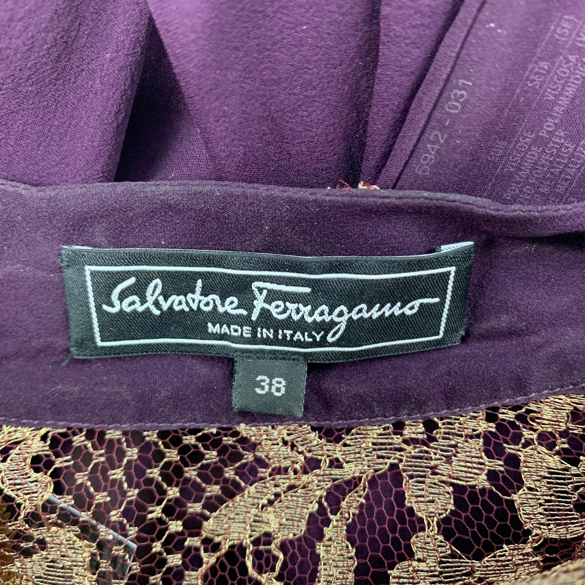 SALVATORE FERRAGAMO Size 2 Eggplant Gold Silk Lace Blouson Dress Top For Sale 2