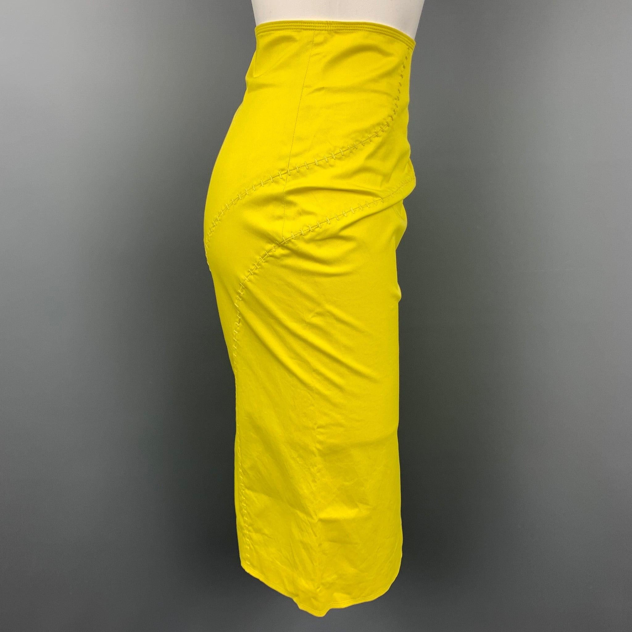 SALVATORE FERRAGAMO skirt comes in a yellow cotton / spandex with top stitching featuring a pencil style and a back zip up closure. Made in Italy.Very Good
Pre-Owned Condition. 

Marked:   38 

Measurements: 
  Waist: 26 inches  Hip: 34 inches 