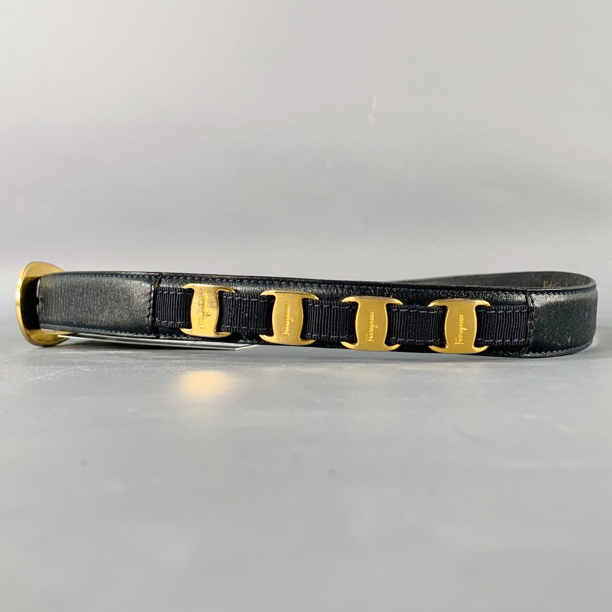 Men's SALVATORE FERRAGAMO Size 29 Black Gold Logo Leather Belt For Sale