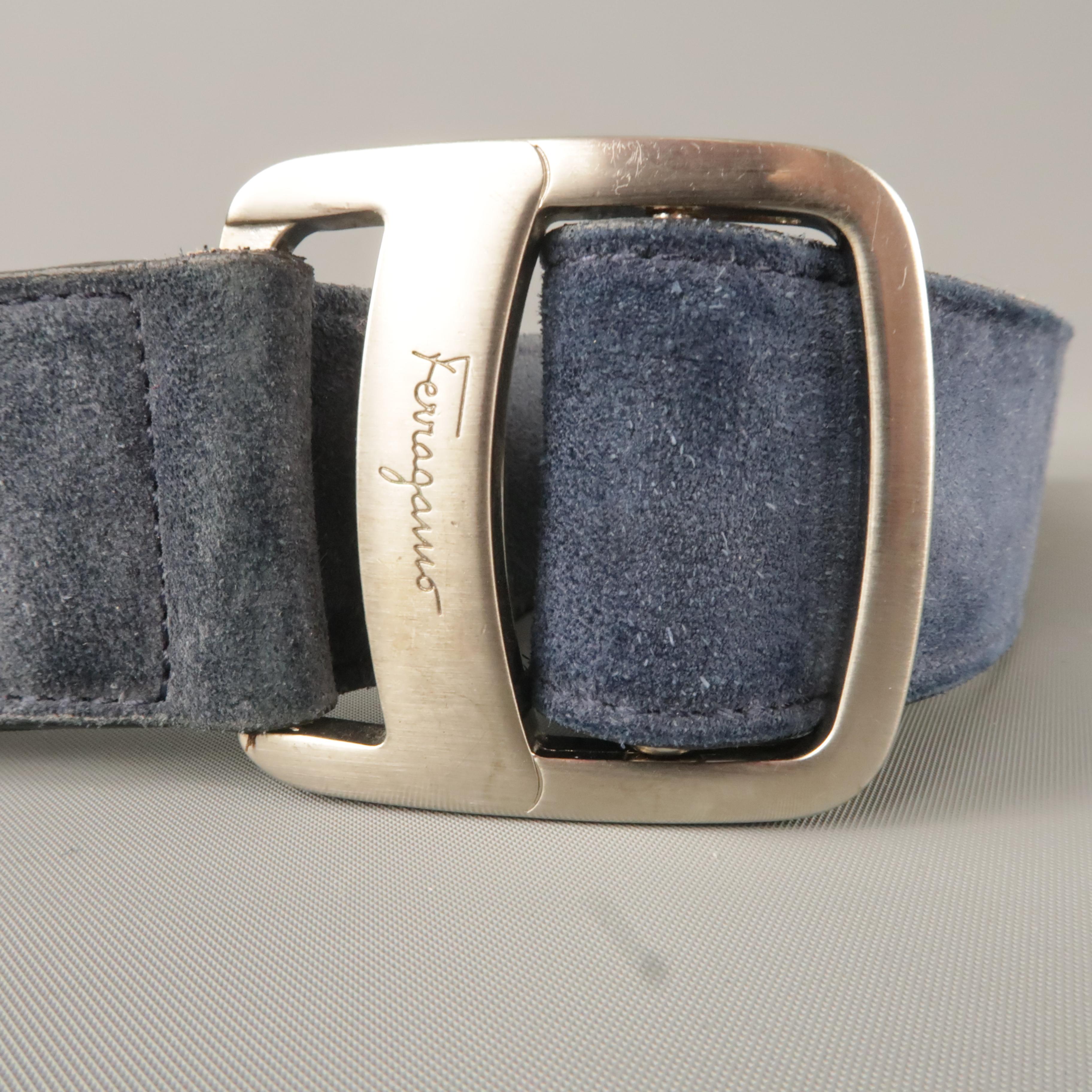 Black  SALVATORE FERRAGAMO Size 36 Navy Suede Silver Tone Buckle Belt