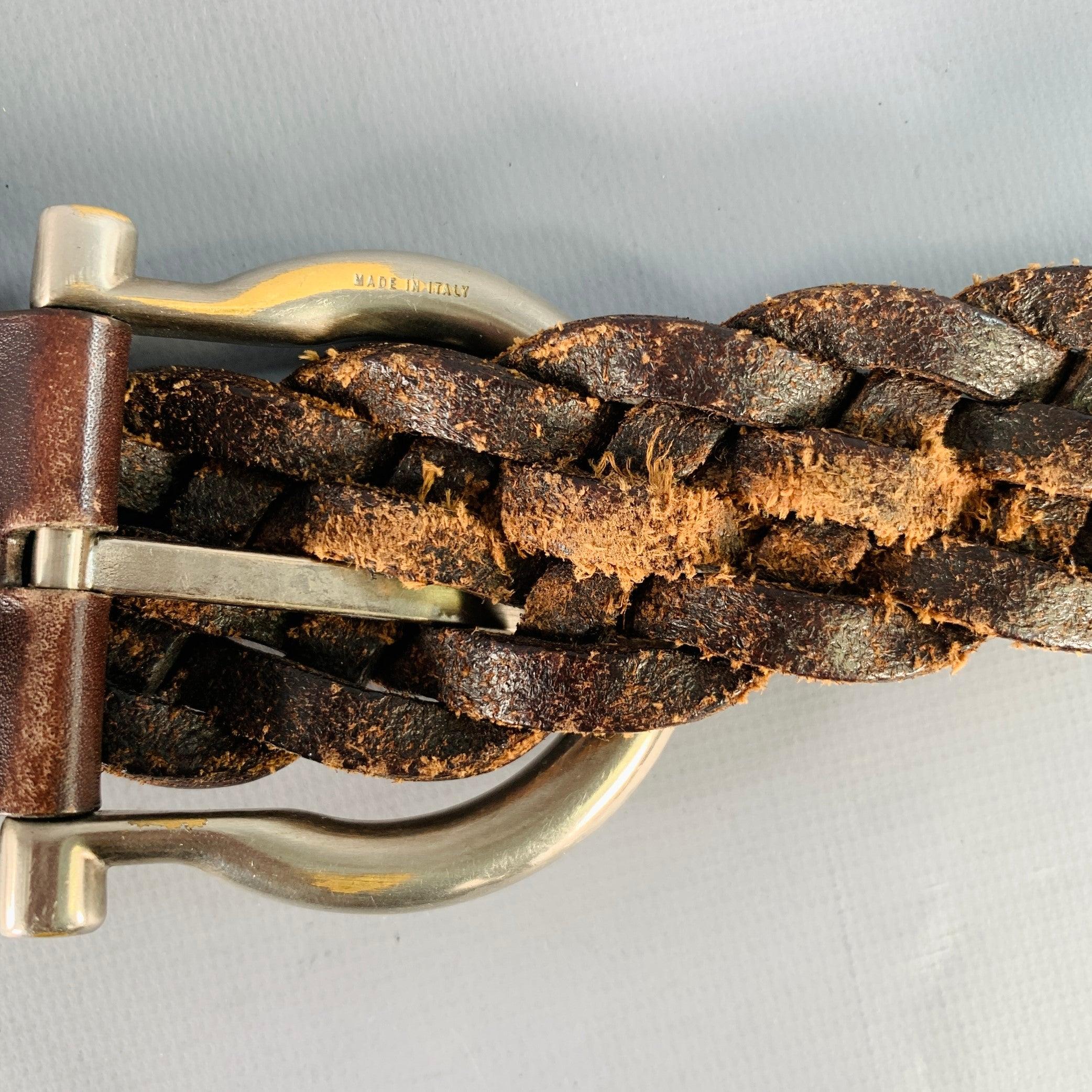 SALVATORE FERRAGAMO Taille 38 Ceinture en cuir tressé marron foncé argenté en vente 2