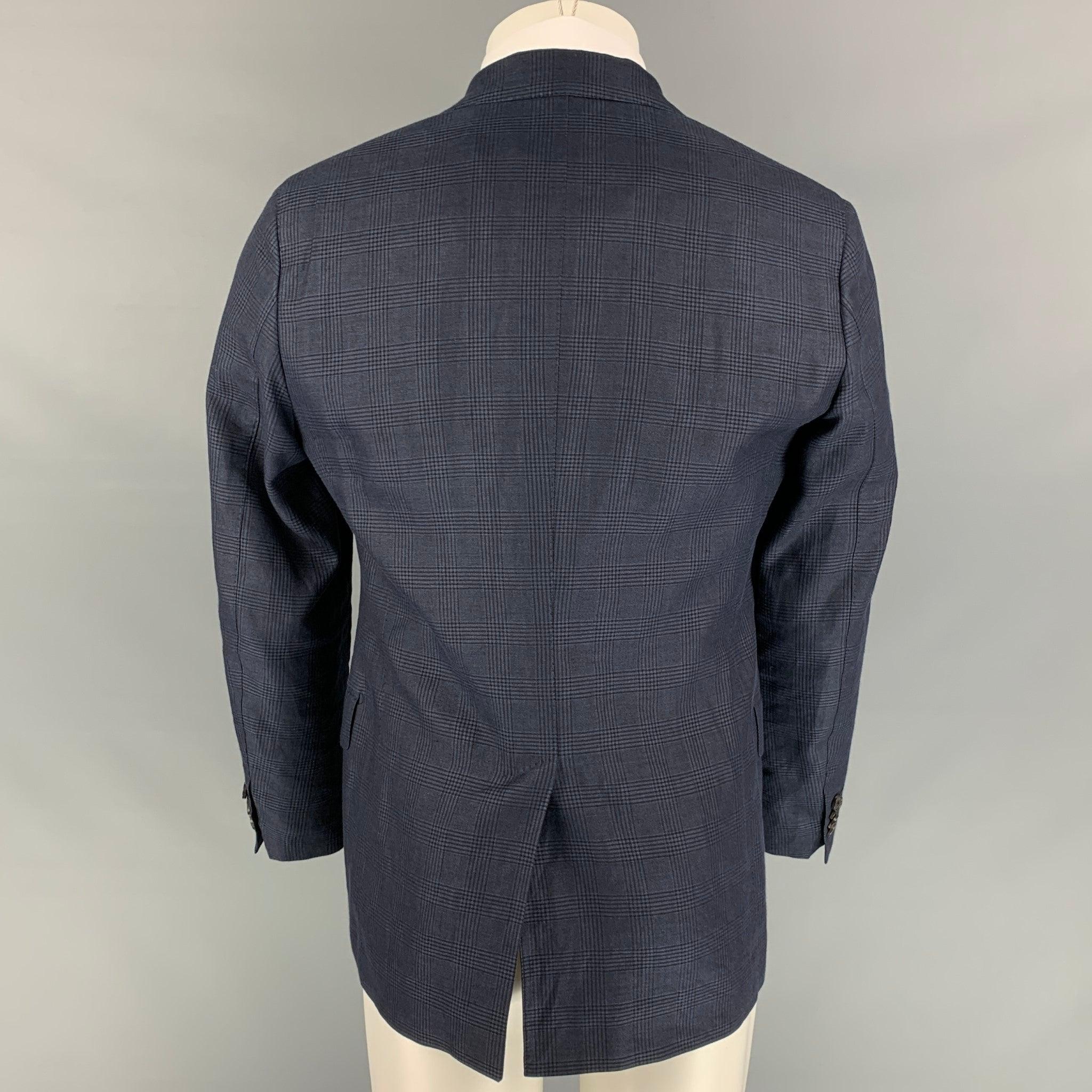 Men's SALVATORE FERRAGAMO Size 38 Navy Plaid Linen Blend Notch Lapel Sport Coat For Sale