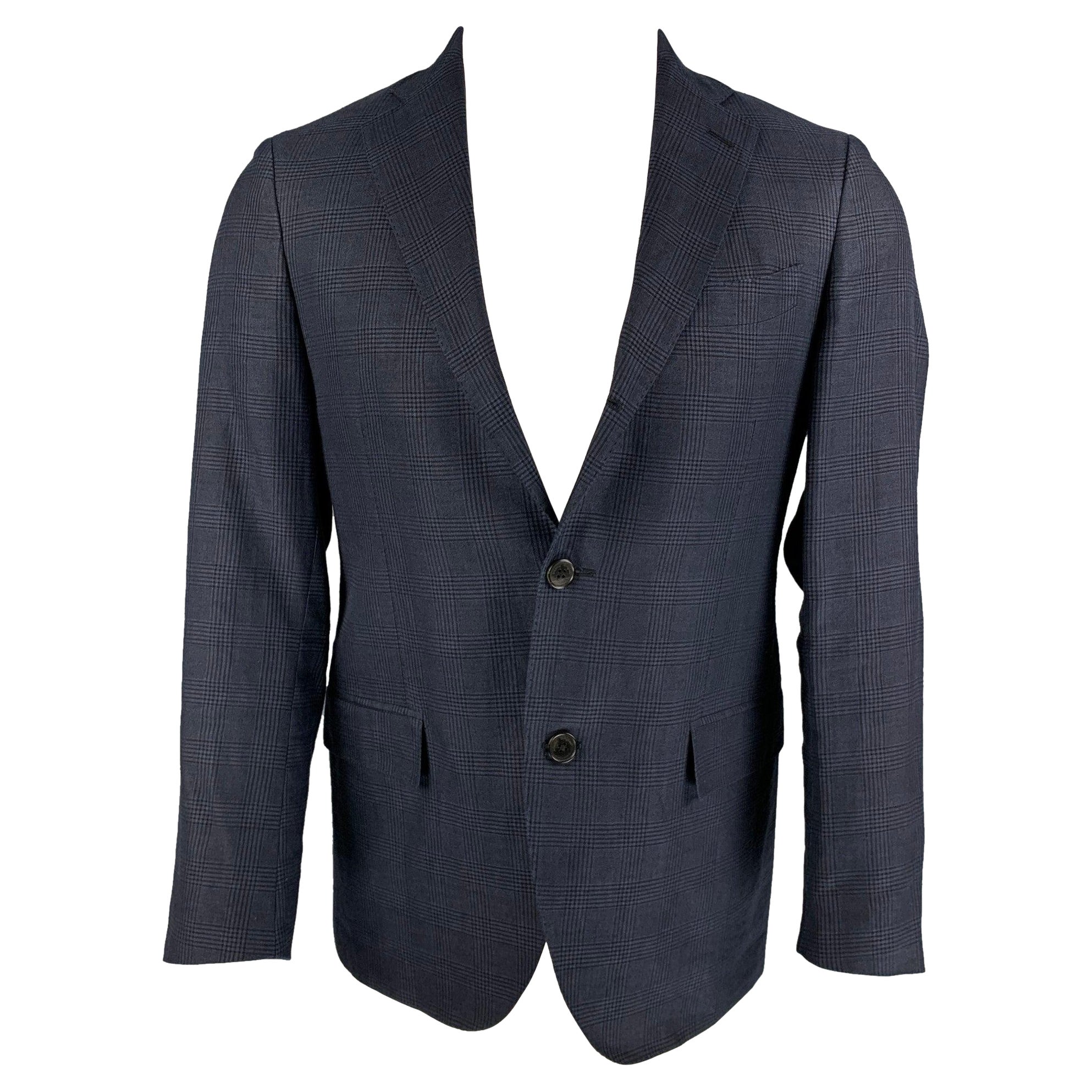 SALVATORE FERRAGAMO Talla 38 Chaquetón azul marino de lino con solapa de muesca