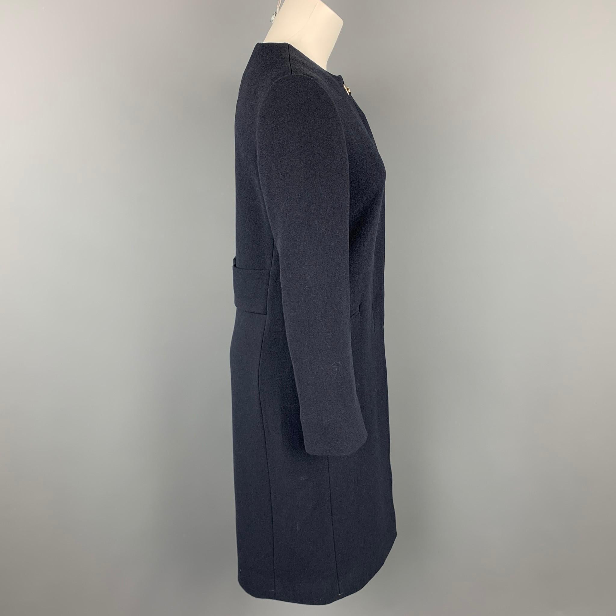 Black SALVATORE FERRAGAMO Size 4 Navy Wool / Silk Collarless Hidden Button Coat