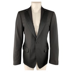 SALVATORE FERRAGAMO Size 40 Black Wool Satin Panel Peak Lapel Sport Coat