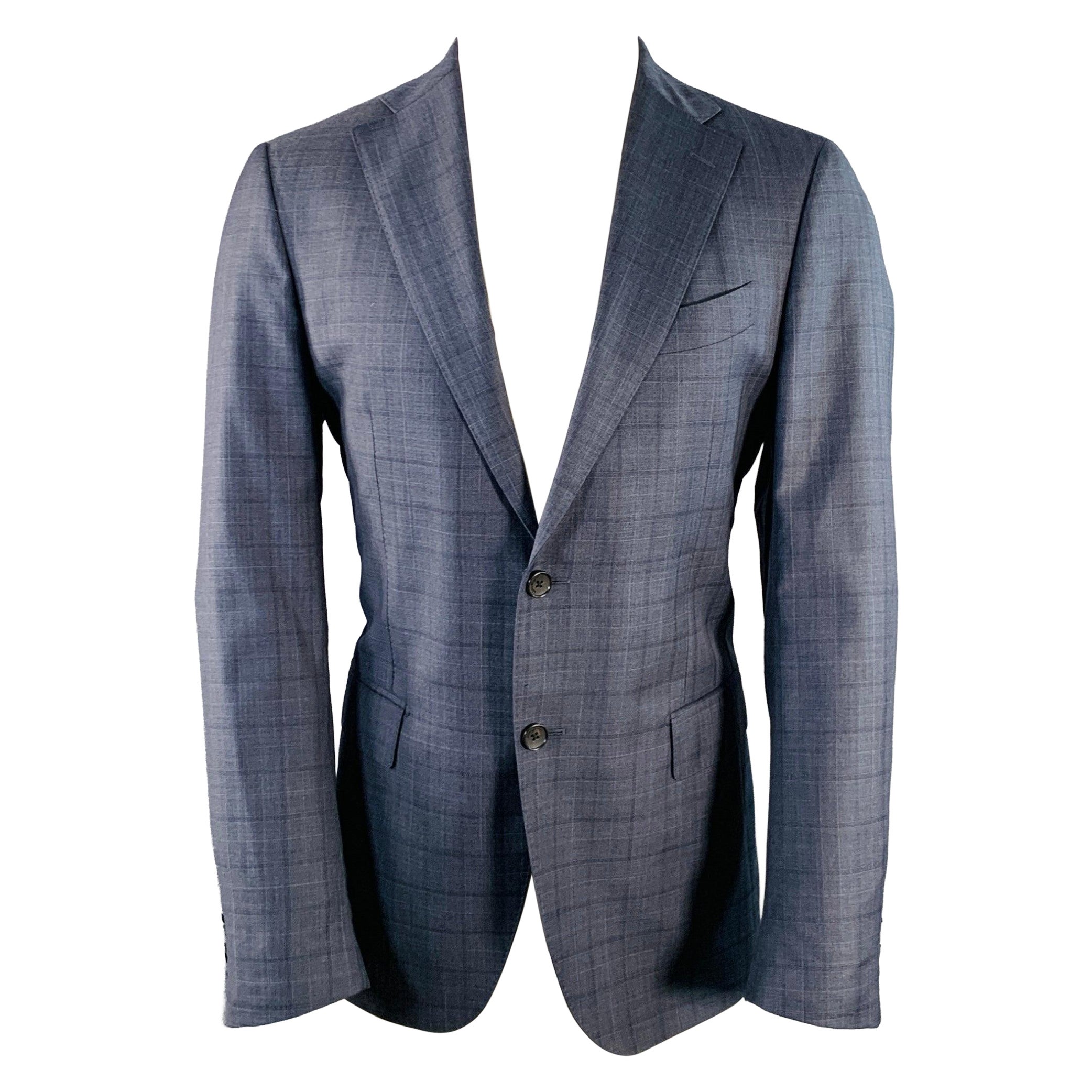 SALVATORE FERRAGAMO Size 40 Navy Blue Checkered Virgin Wool Sport Coat