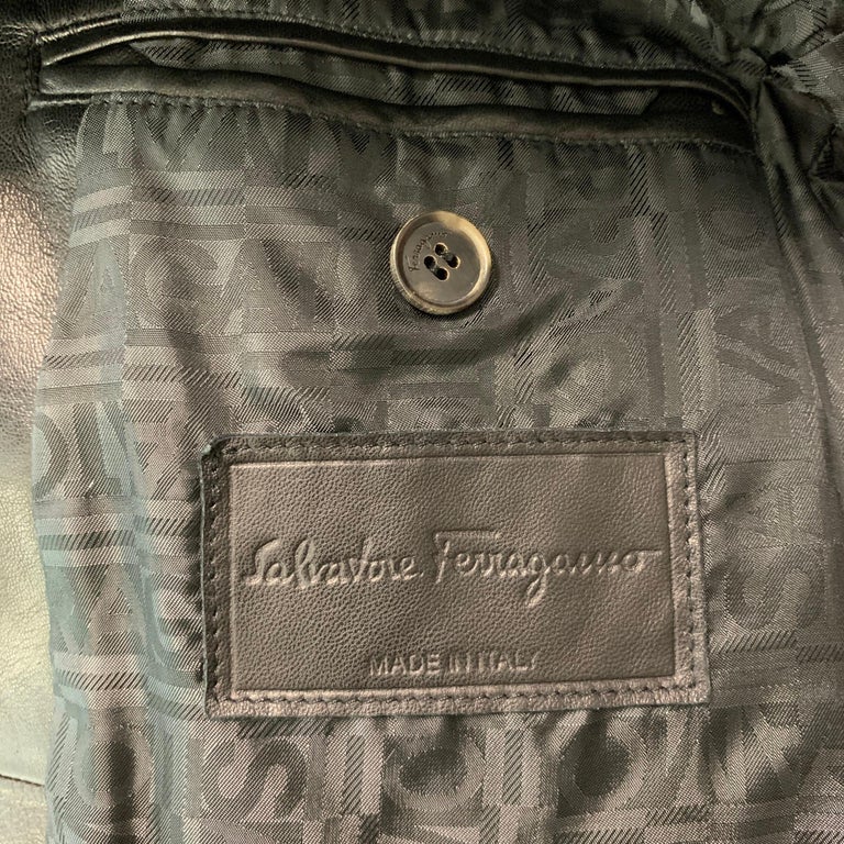 SALVATORE FERRAGAMO Size 40 Solid Notch Lapel Black Leather Jacket